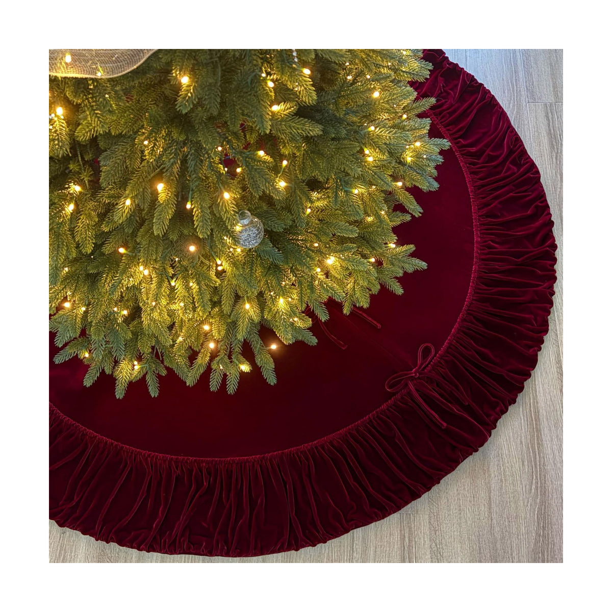 Ruffled Velvet Christmas Tree Skirt with Foam Padding, Nylon Backing and Lace-Up Tie Closure (Burgundy, 72-Inch)