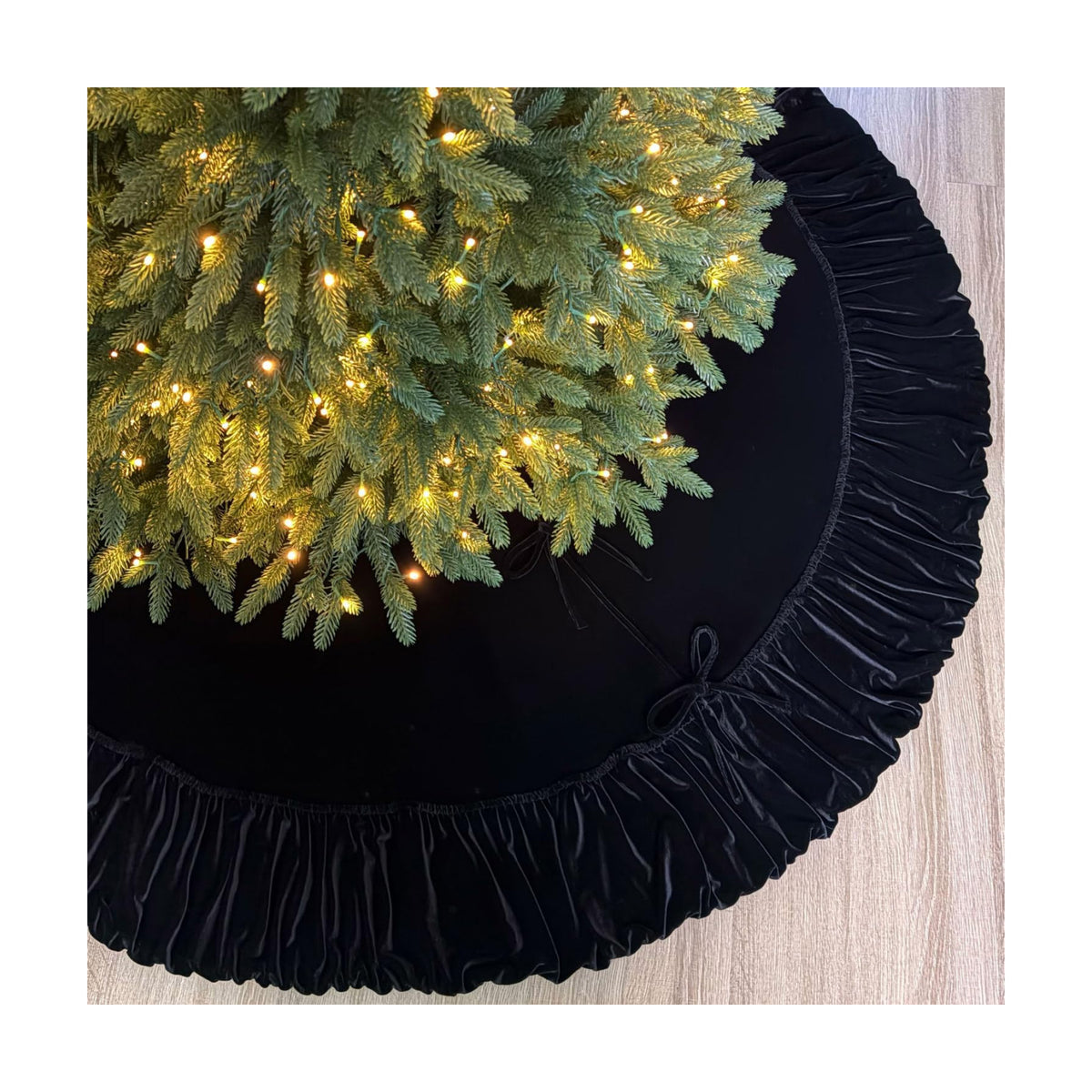 Ruffled Velvet Christmas Tree Skirt with Foam Padding, Nylon Backing and Lace-Up Tie Closure (Black, 72-Inch)