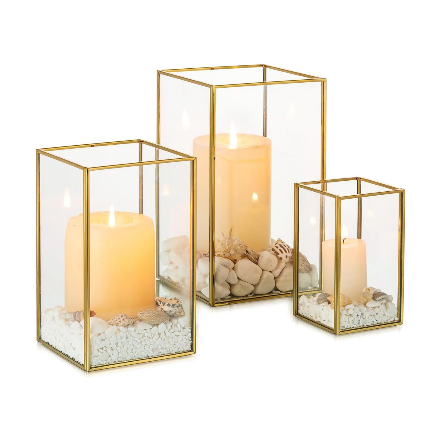 NUPTIO Hurricane Glass Candle Holders: 3Pcs Gold Lanterns Candle Holder for Pillar Candles Geometric Table Centerpiece
