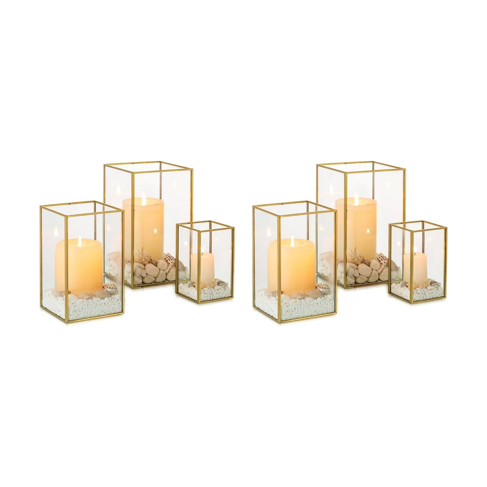 NUPTIO Hurricane Candle Holder Centerpieces: 6 Pcs Glass Candles Lantern | Gold Lantern with Metal Frame Modern Pillar