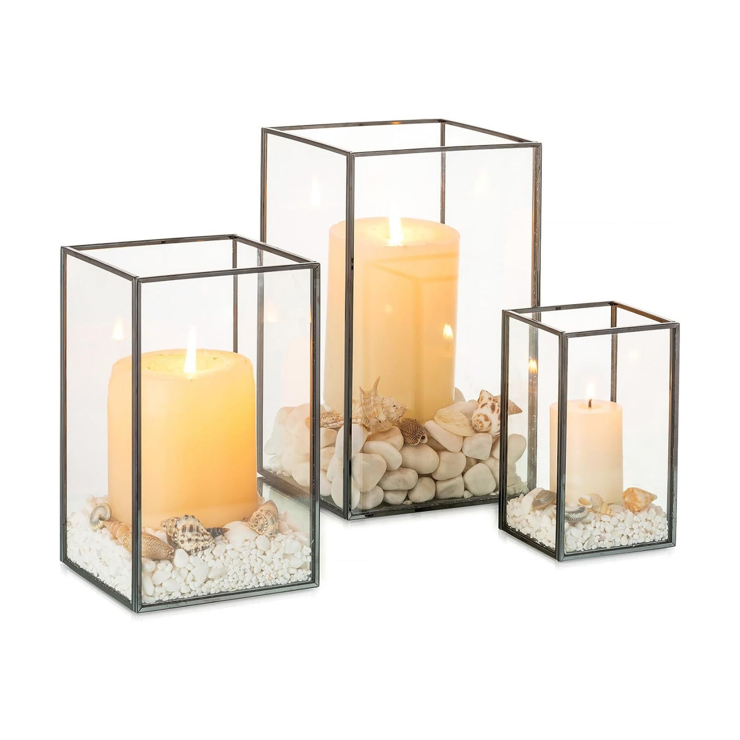 NUPTIO Glass Hurricane Candle Holder: 3 Pcs Black Lanterns Geometric Pillar Candles Holder Decorative Lantern