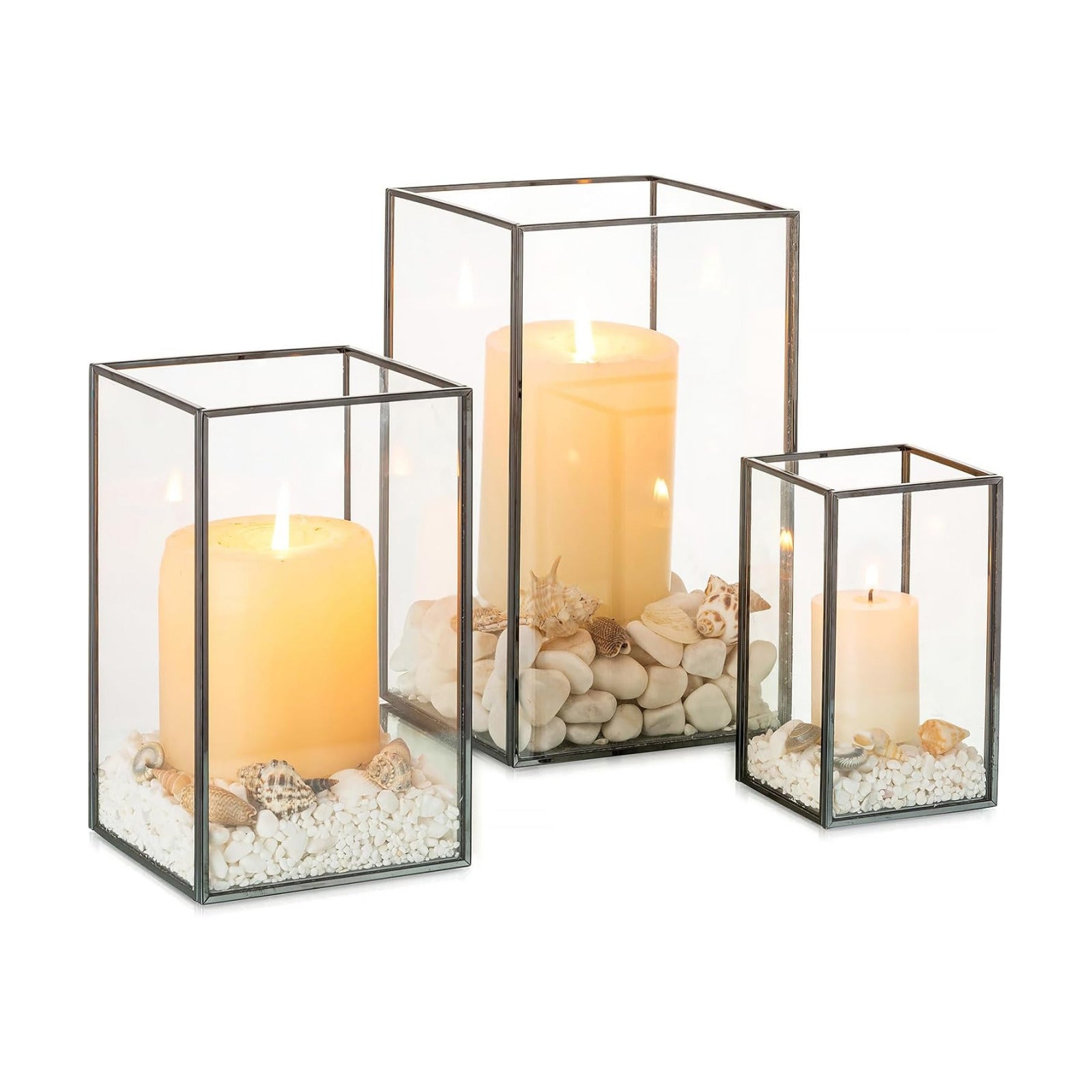 NUPTIO Glass Hurricane Candle Holder: 3 Pcs Black Lanterns Geometric Pillar Candles Holder Decorative Lantern