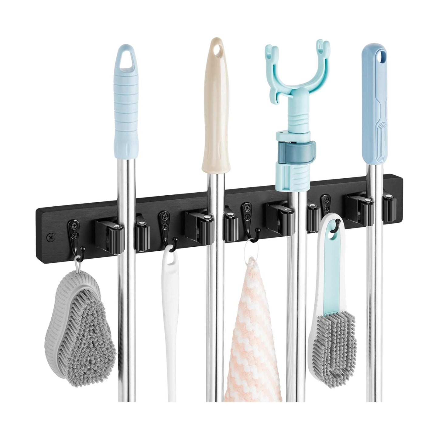 OUTNILI Black Mop Broom Holder Wall Mount with 4 Slots & 4 Hooks - Rustic Wood Broom Mop Hanger for Pantry Closet