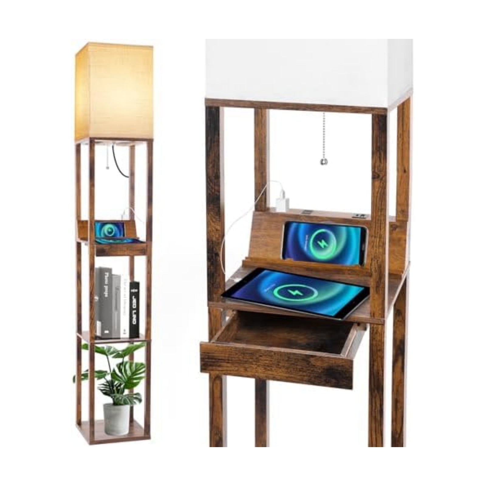 RUNTOP Floor Lamp with Shelves, Shelf Floor Lamp with Wireless Charger & 2 Charging USB Ports & Drawer, AC Outlet, 3