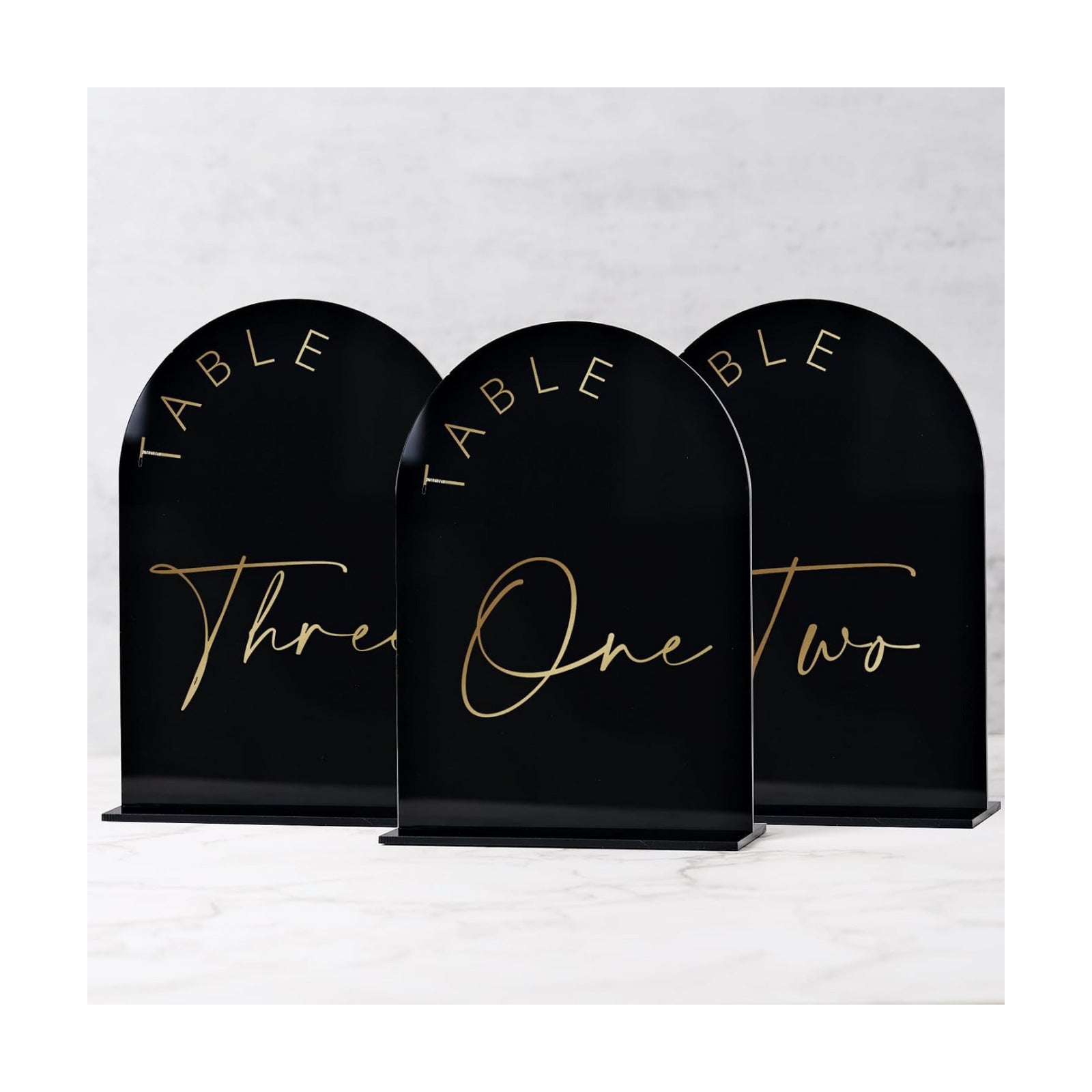 Black Arch Wedding Table Numbers 1-20 with Stands, 5x7 Inch Black Arch Acrylic Sign with Gold Letters, Acrylic Table