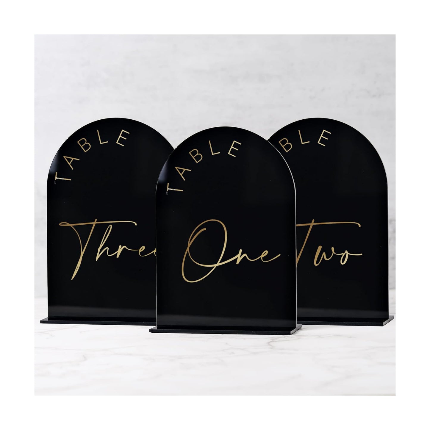 Black Arch Wedding Table Numbers 1-15 with Stands, 5x7 Inch Black Acrylic Sign with Gold Lettering, Arched Acrylic