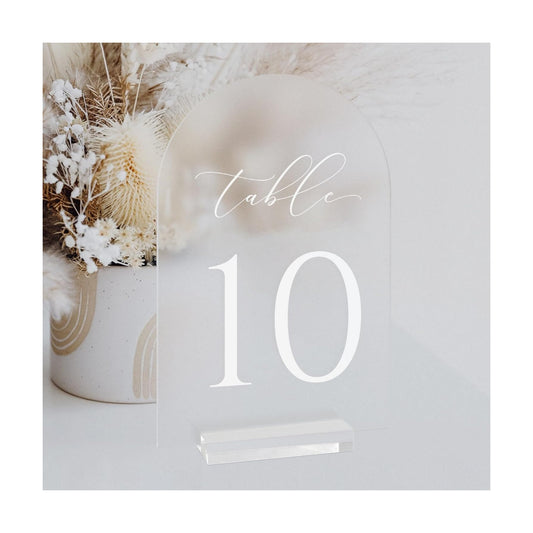 Frosted Arch Table Numbers for Wedding, 5x7 Inch Acrylic Table Numbers 1-10 with Stands, Frosted Acrylic Arch Tabletop