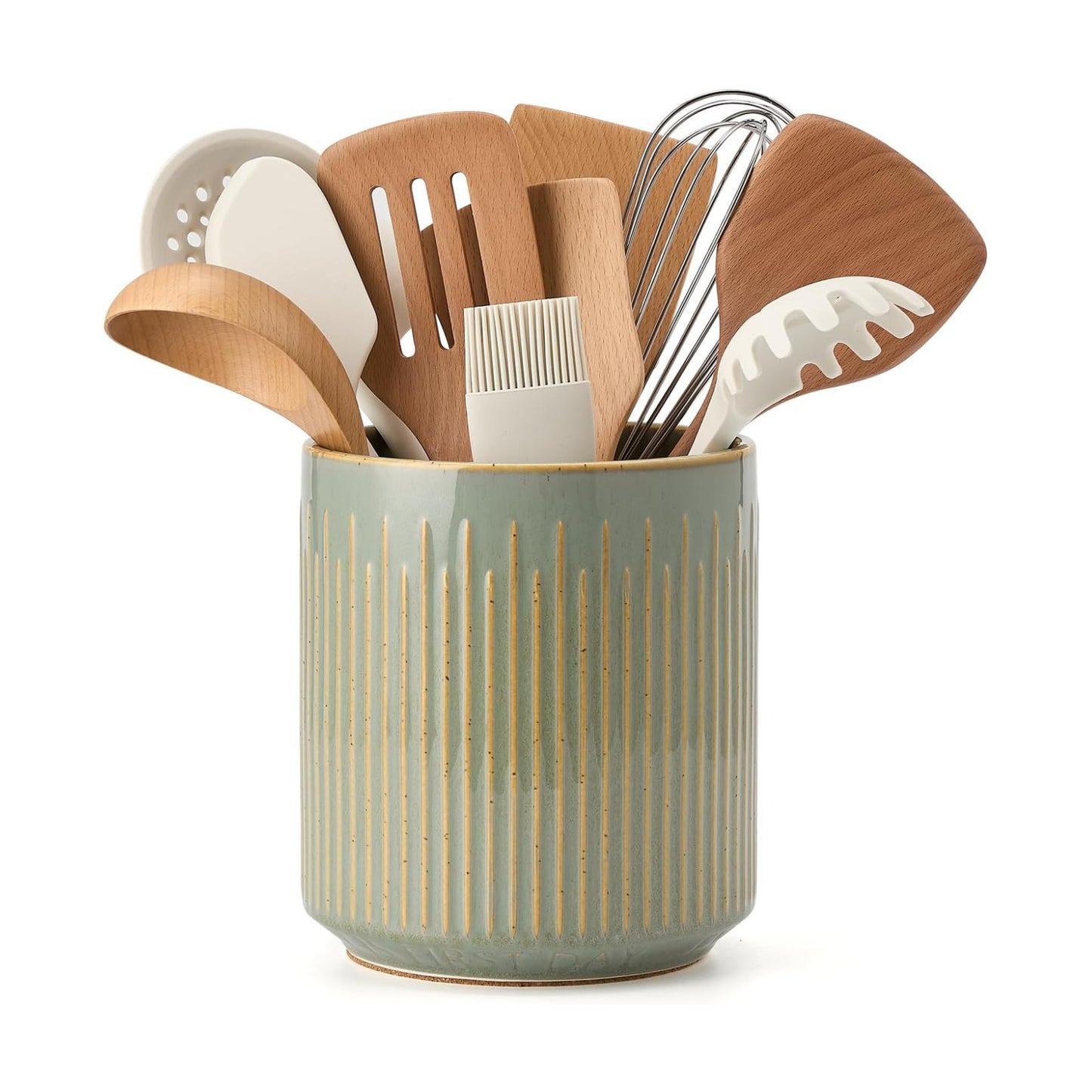 JIEMEI HOME Kitchen Utensil Holder, Ceramic Stable Utensil Crock for Countertop, 7.2" Large Utensil Organizer with Cork