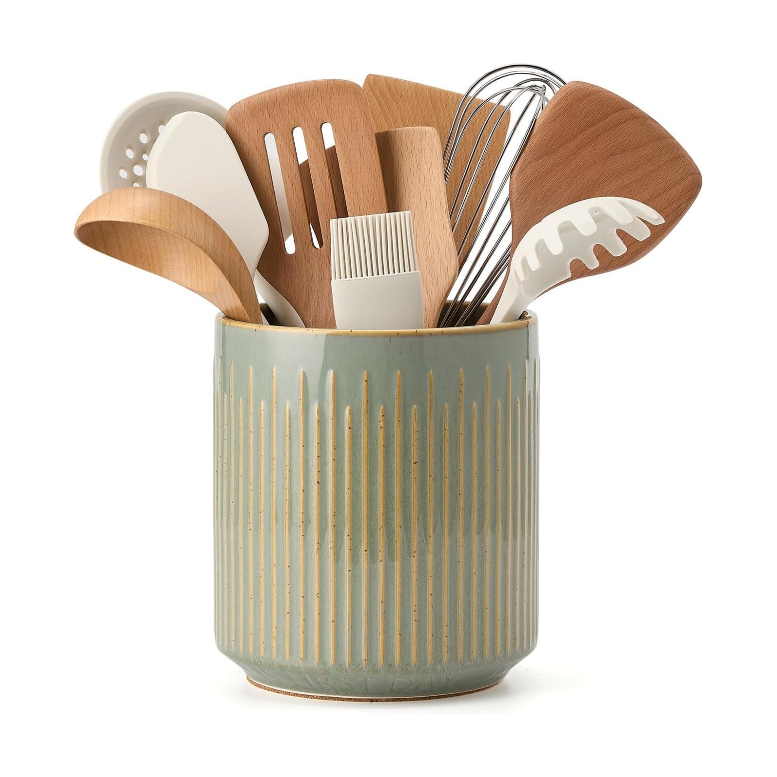 JIEMEI HOME Kitchen Utensil Holder, Ceramic Stable Utensil Crock for Countertop, 7.2" Large Utensil Organizer with Cork
