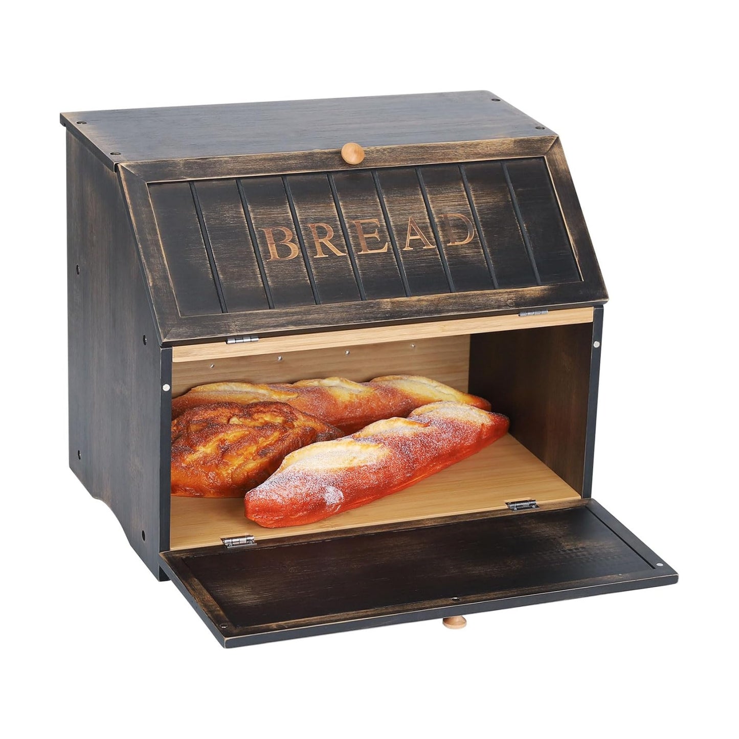 HOMEKOKO Vintage Double Layer Large Bread Box, Wood Bread Storage Bin,Black | Keeps Bread Fresh 3-4 Days, 2-Tier