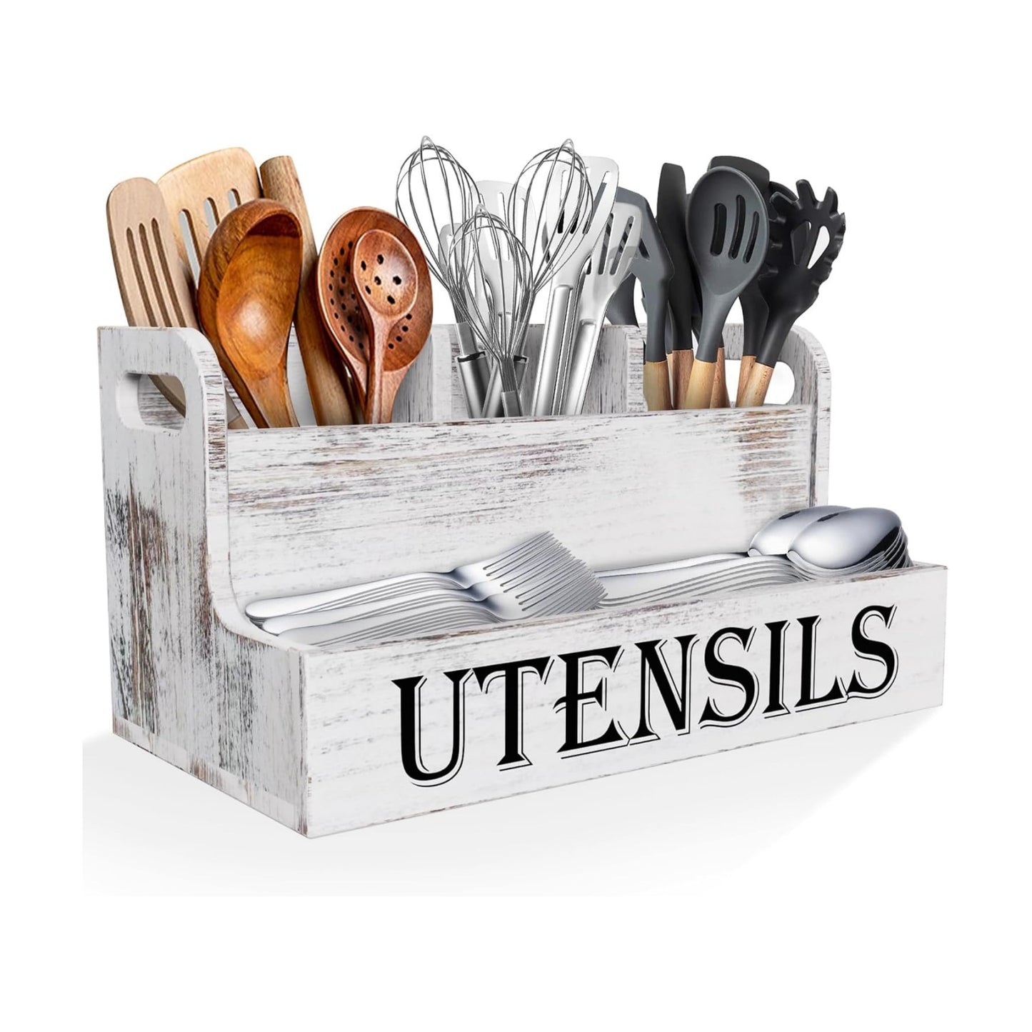 Suli Extra Large Kitchen Utensils Holder, 2 Tier, 4 Compartments | Wooden Utensil Organizer for Kitchen Countertop