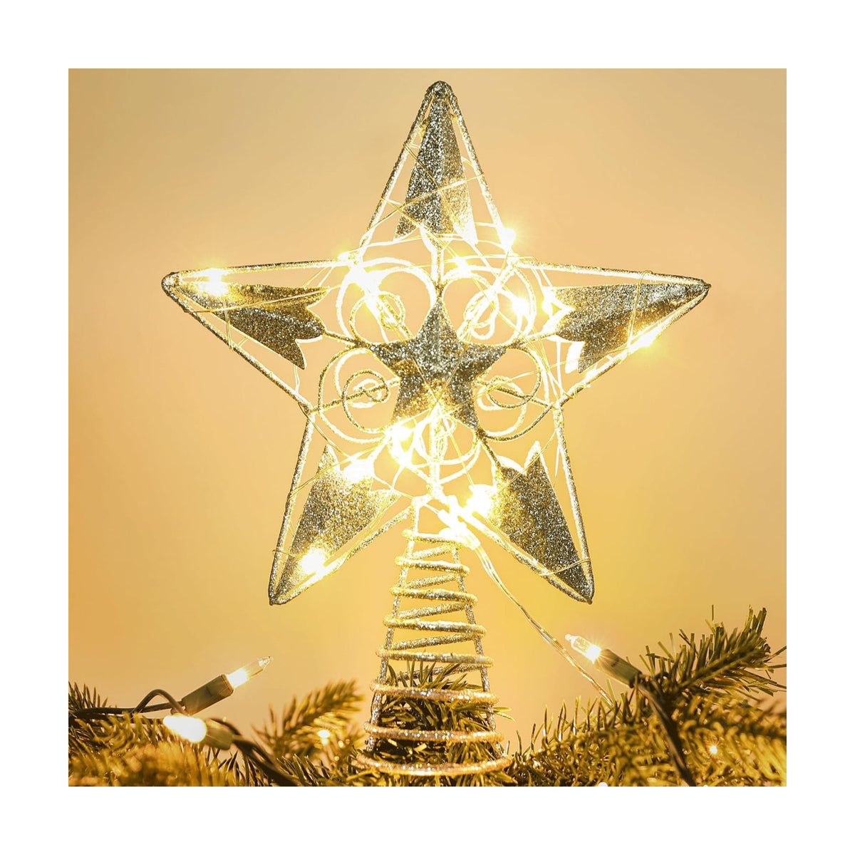 Brizled Silver Christmas Tree Topper, 8" Hollow-Out Xmas Star with 20 LED