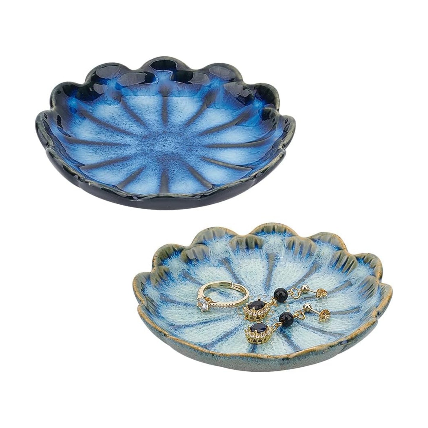 2 Color Ceramic Jewelry Tray / 2 Colors-blue Lotus Flower / Set of 2