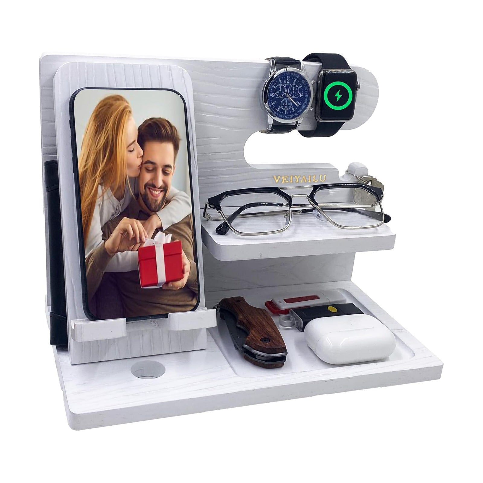 VEIYAILU Gifts for Women Girlfriend Men Him Husband Boyfriend Son Boss Wood Phone Docking Station Nightstand Organizer