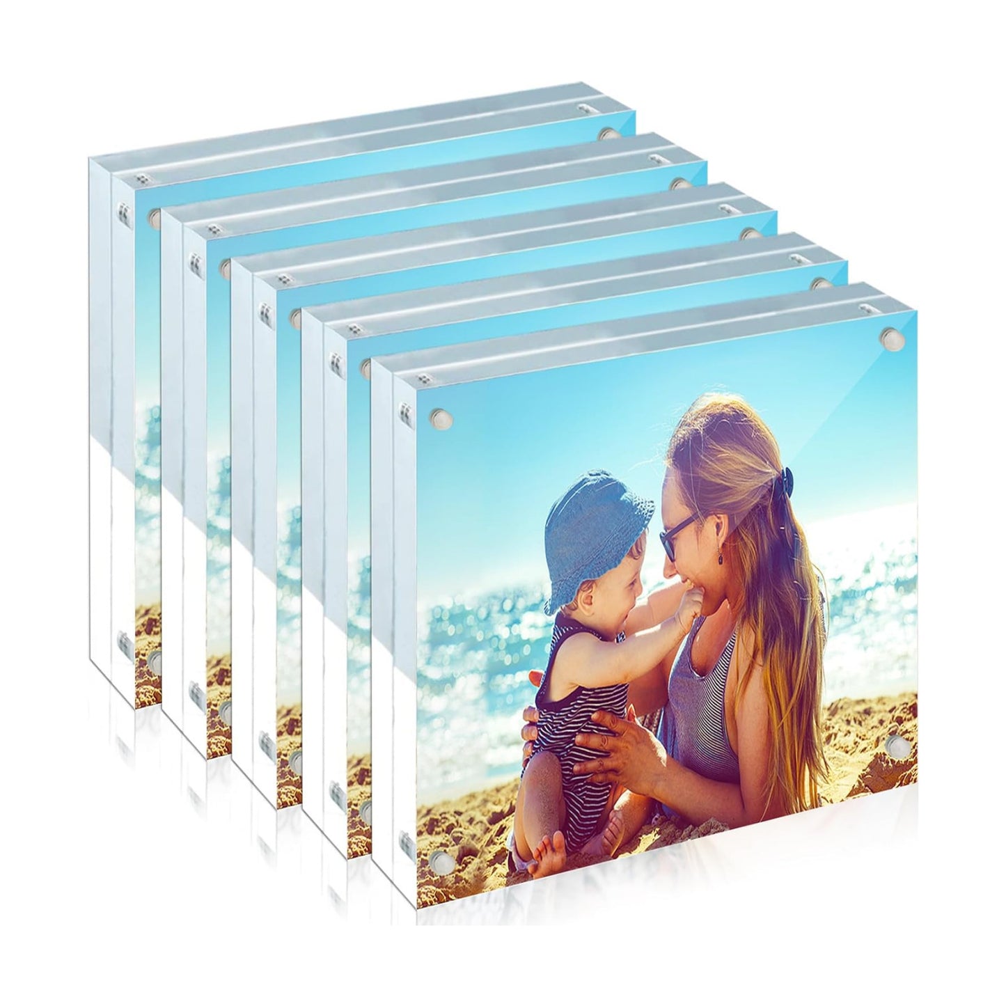 HELPLEX 5 Pack 4x4 Acrylic Picture Frames, 20mm Thicker Frameless Clear Frame Double Sided Magnetic Frame, Free