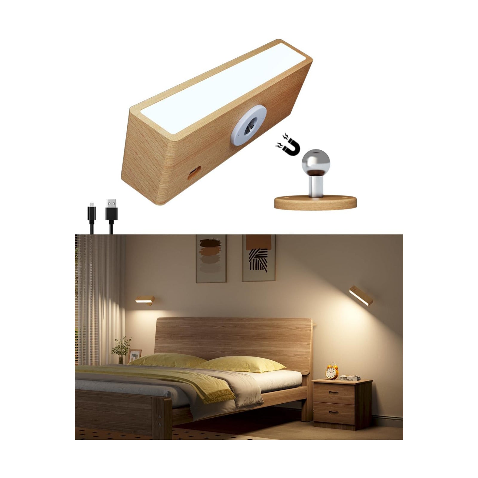 DetarZinLED Wall Lights Battery Operated Wooden,Magnetic Wall Sconces Rechargeable,Adhesive Wall Lights for