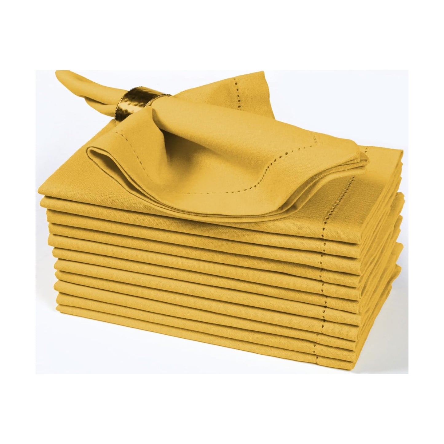 Bedding Craft Cotton Dinner Cloth Napkins Set of 12 – 18x18 Honey Yellow Hemstitched – Machine Washable Fabric Napkins
