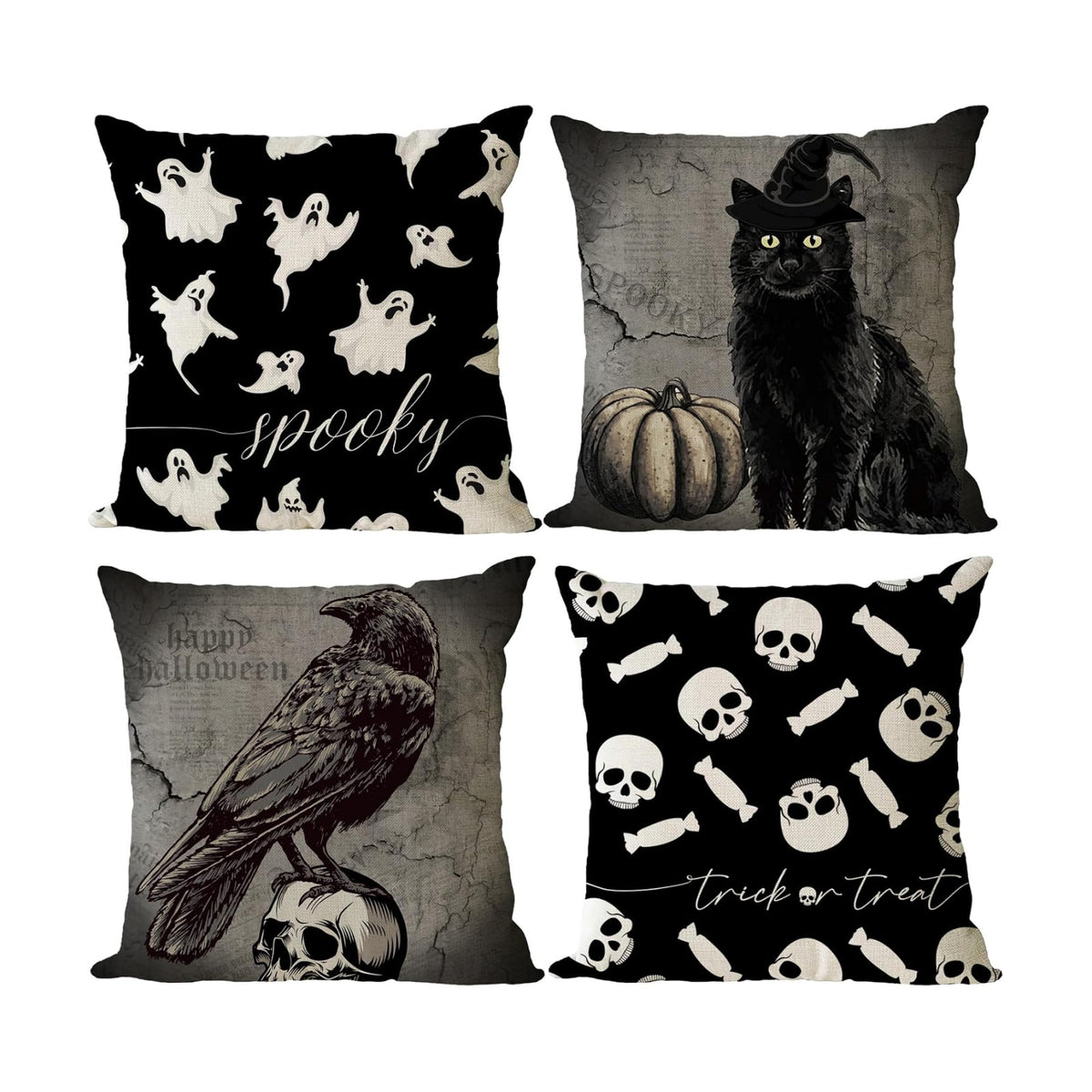 YeeJu Set of 4 Halloween Pillow Covers 20x20 Inch Spooky Skull Ghost Decor Throw Pillow Covers Black Cat Crow Halloween Cushion Covers Linen Pillow Cases for Home Outdoor Sofa Couch (20 by 20)