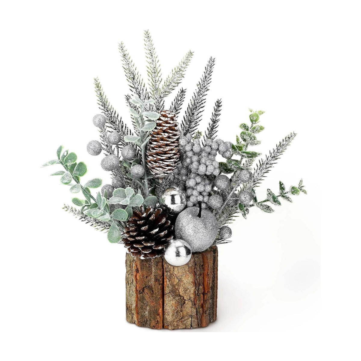 Small Christmas Tree Tabletop Artificial Mini Christmas Tree Decorations with Holiday Ornaments Red Berry Pine Cone Greenery for Home Indoor Fireplace Mantel Xmas Decor (Tree Stump-Silver)