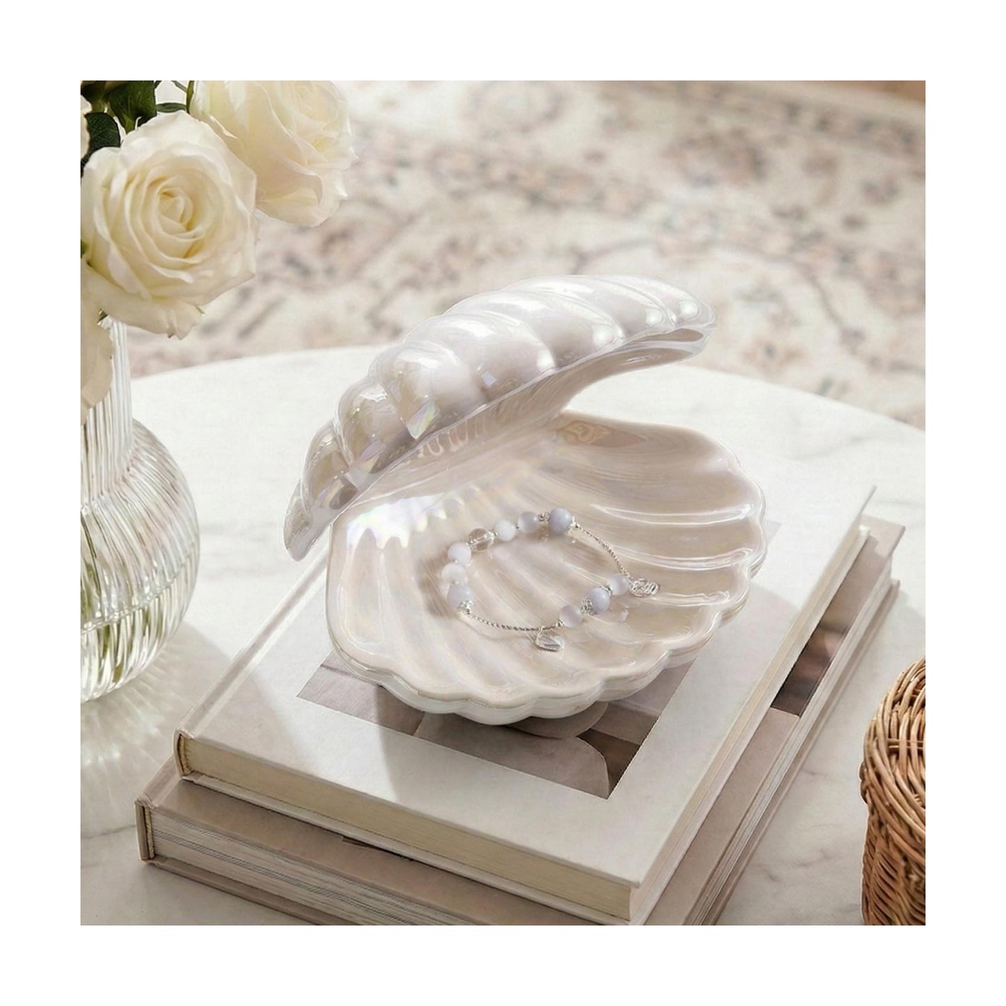 Ceramic Trinket Tray Clamshell Jewelry Storage Dish / White