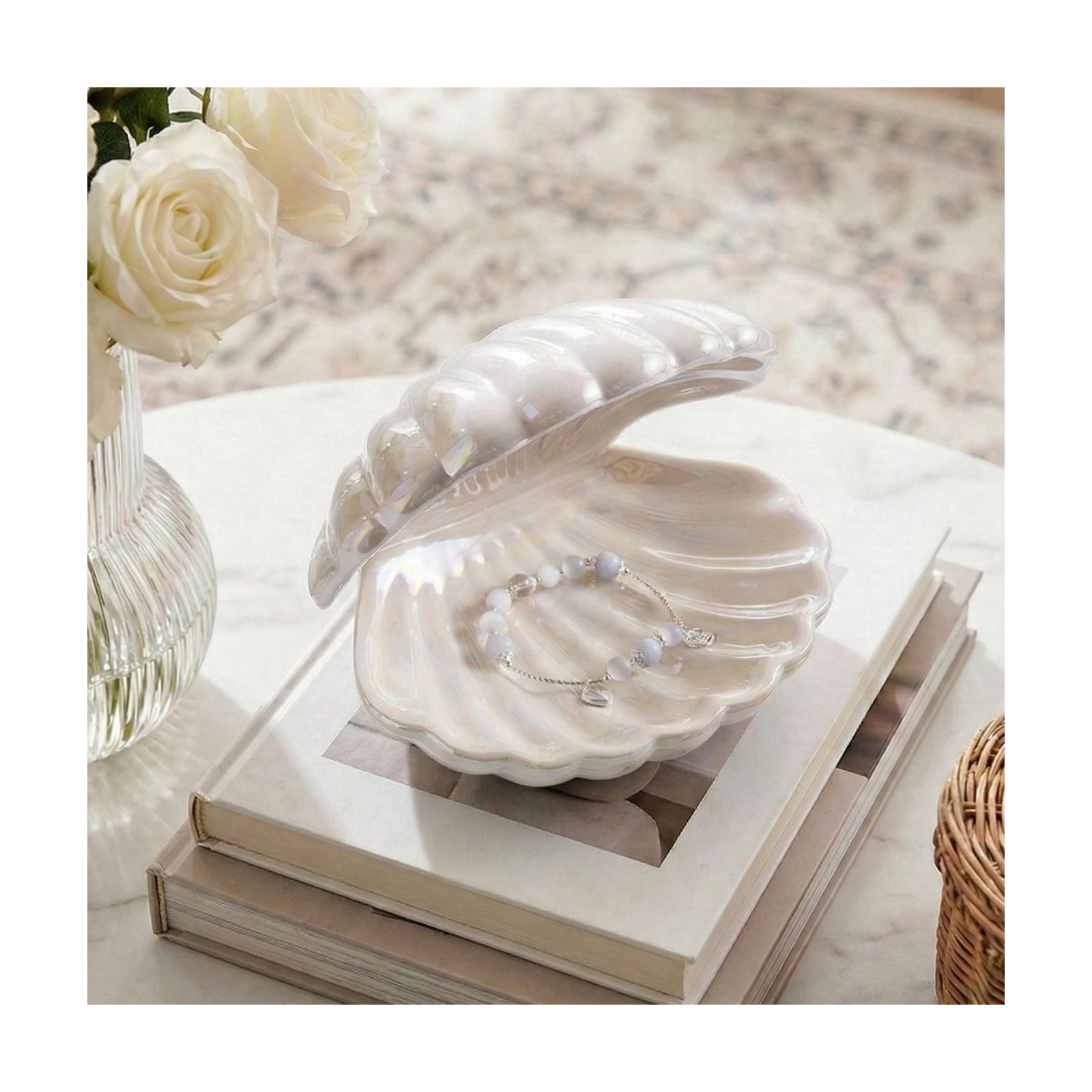 Ceramic Trinket Tray Clamshell Jewelry Storage Dish / White