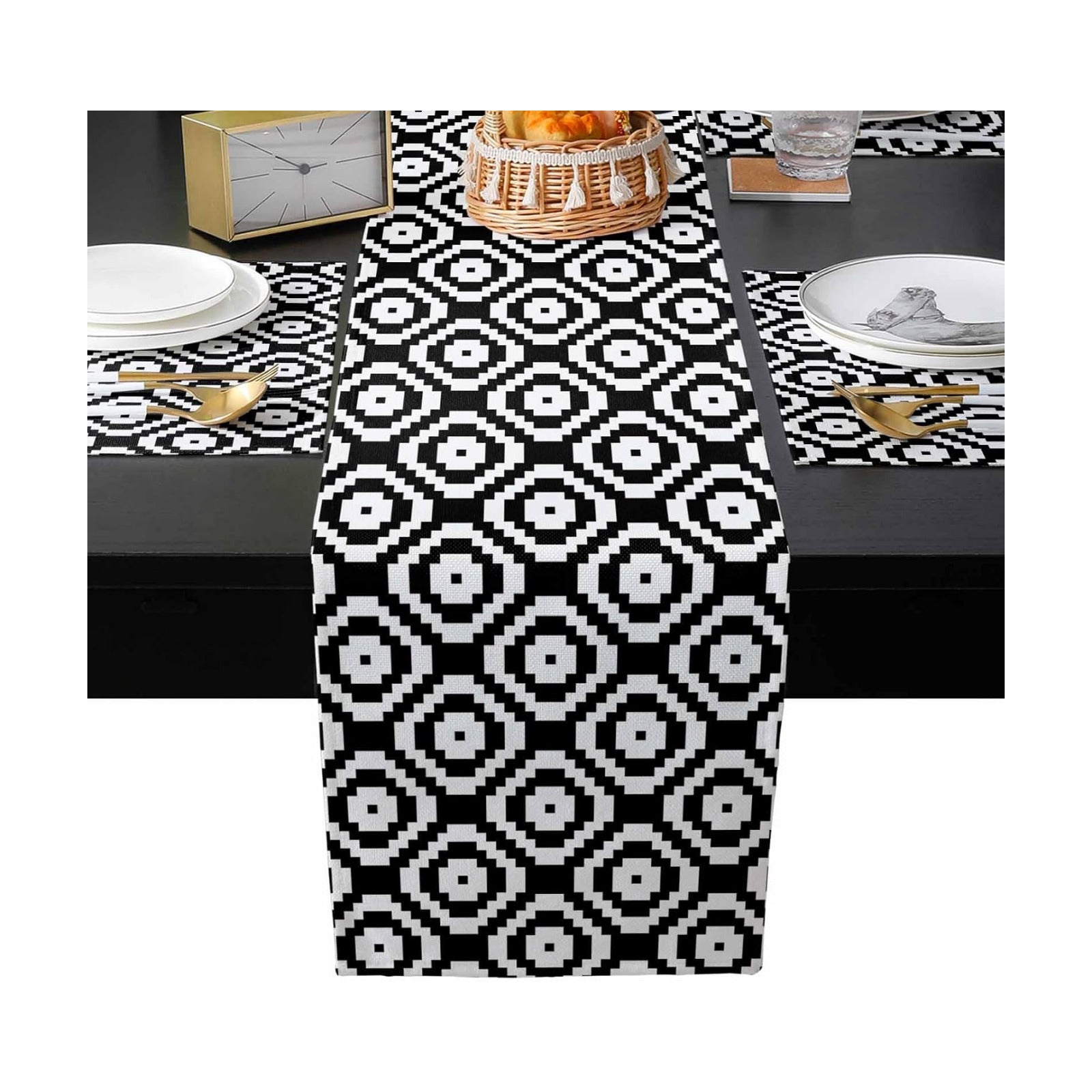 Black White Geometric Table Runner with Placemats Set of 6, Cotton Linen Kitchen Dining Mats Long Table Cover 16"x72"