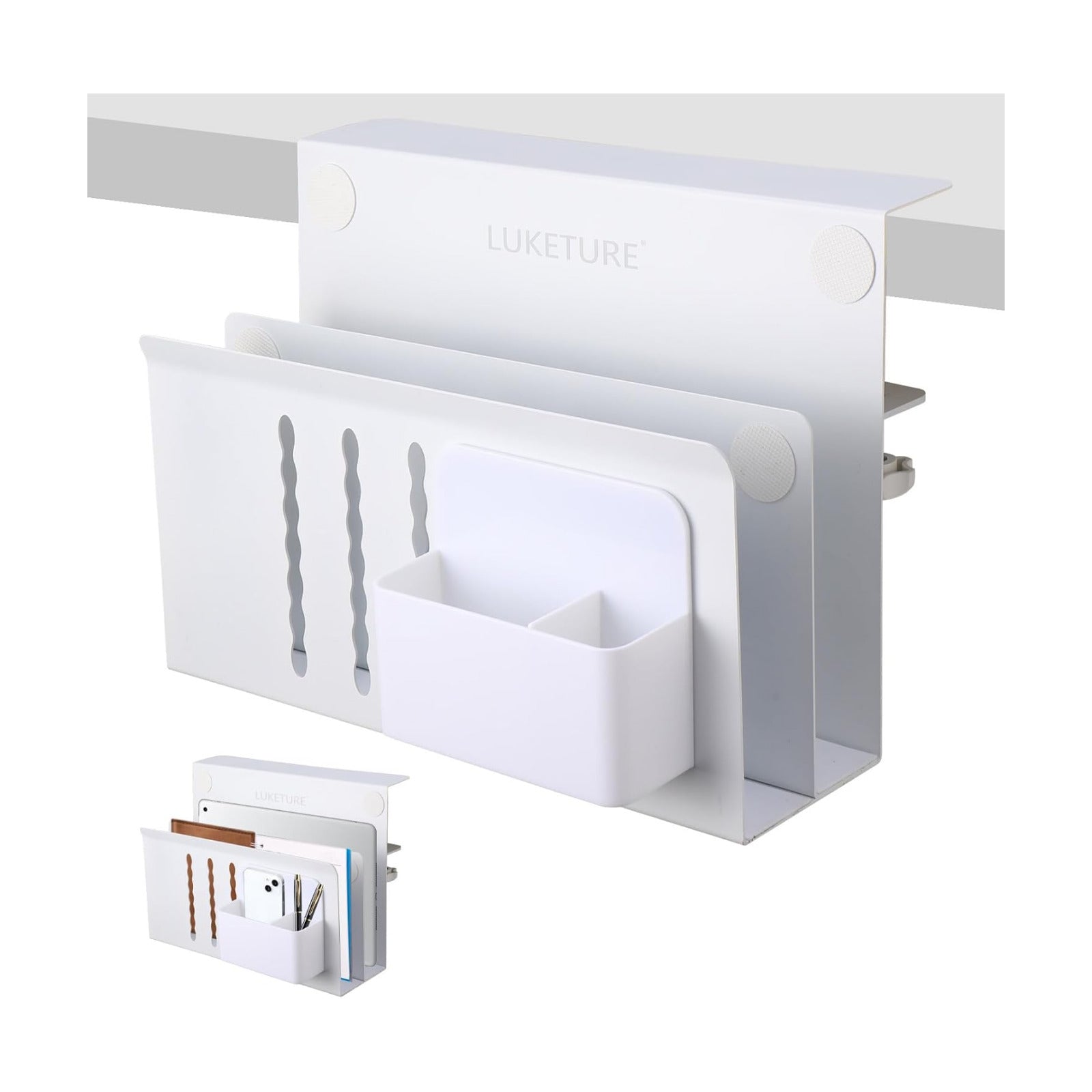 LUKETURE Desk Side Storage, 2 Tier Under Desk Laptop Mount with Pen Slot | Sturdy Steel Double Tier Strong, Magnetic