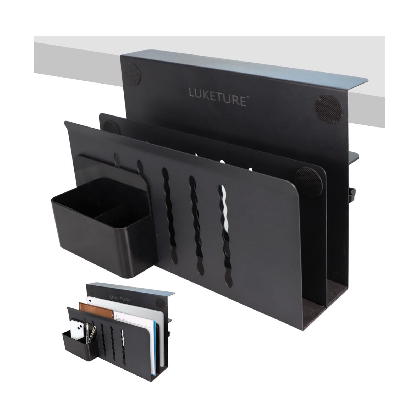LUKETURE Desk Side Storage, 2 Tie Laptop Holder No Drill Clamp On Organizer | Steel Side Desk Organizer, Clamp on