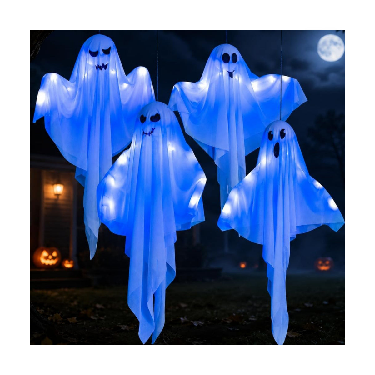 4 Pack Halloween Hanging Ghost Decorations, 27.5" Light Up Spooky Floating Ghosts with Blue LED, Outdoor & Indoor Haunted House, Porch, Yard, Party Decor, Patio Lawn Garden