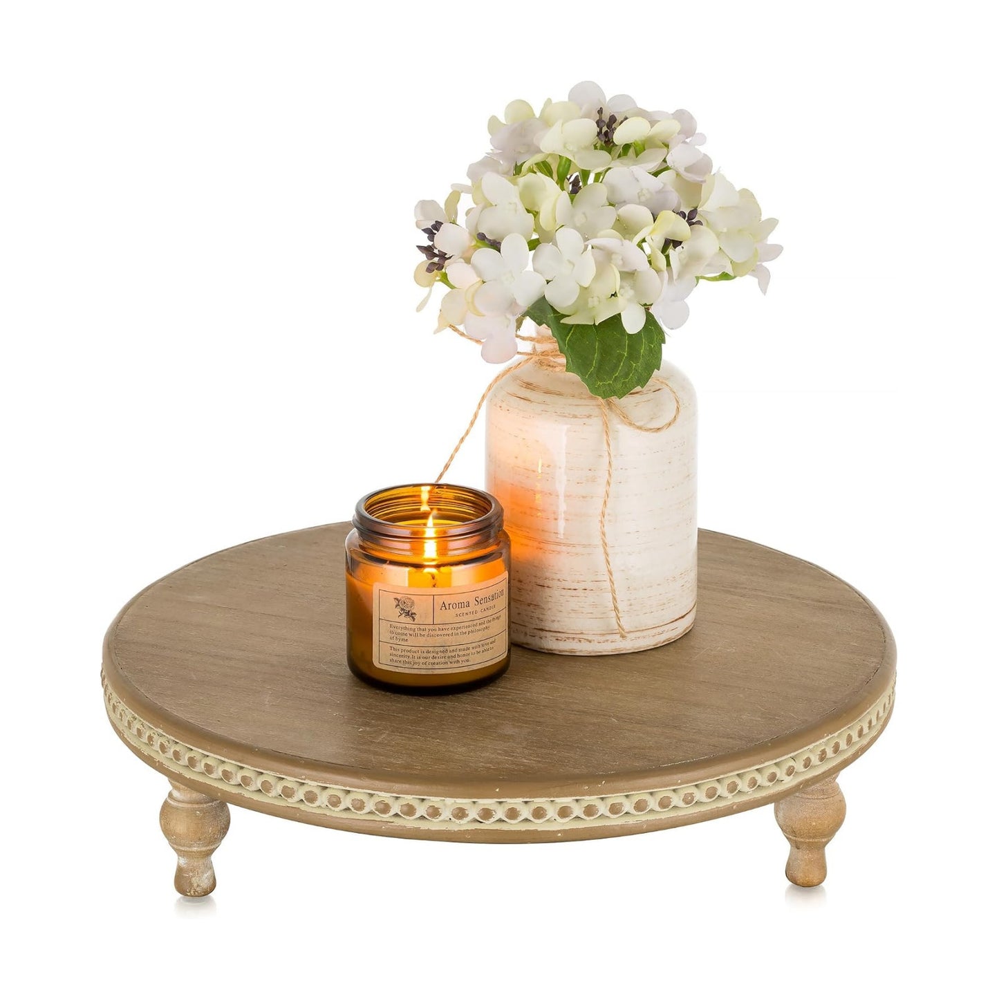 Beaded Vintage Wood Pedestal Risers Farmhouse Circle Display Holder for Coffee / Brown