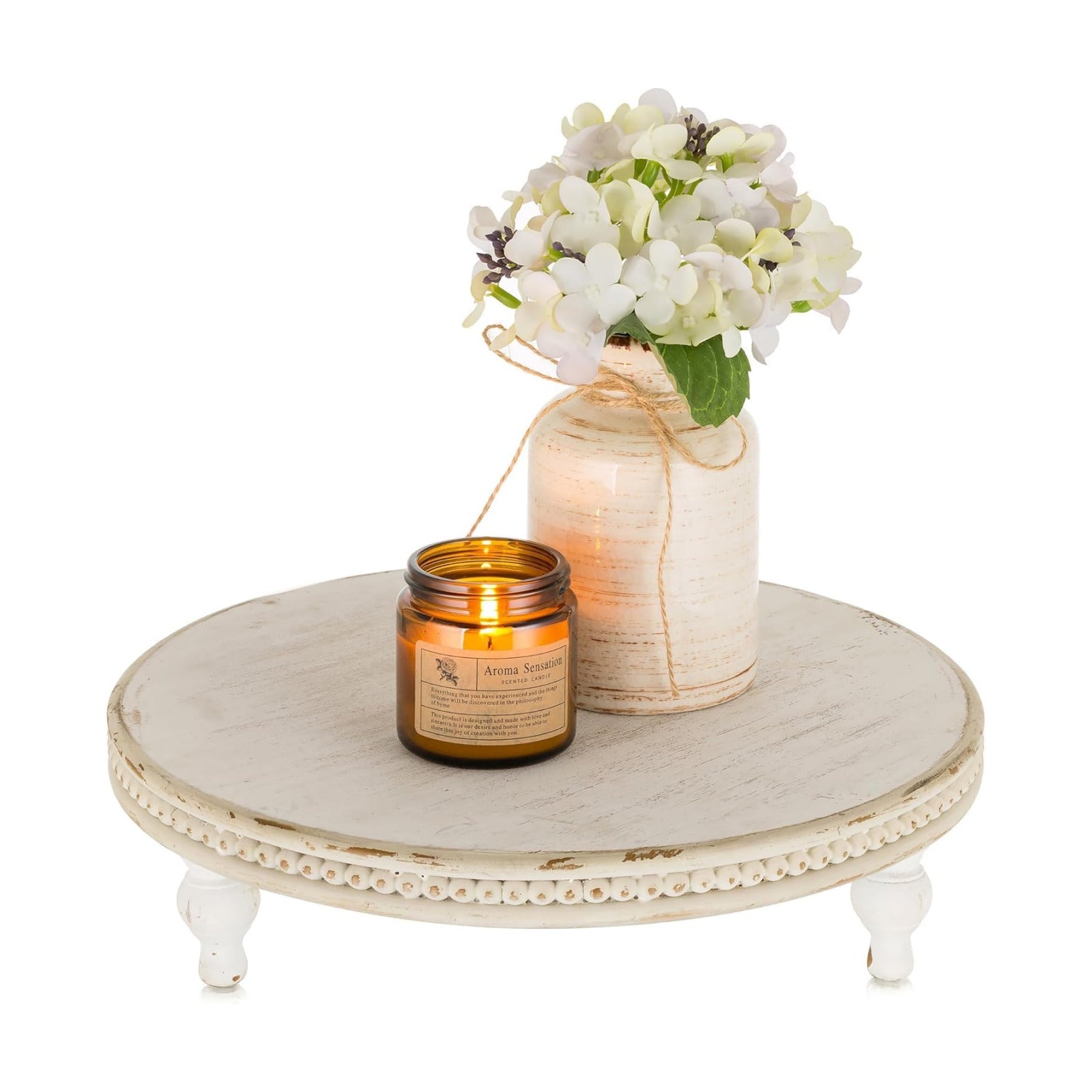 Beaded Wood Pedestal Risers Farmhouse Circle Display Holder / White