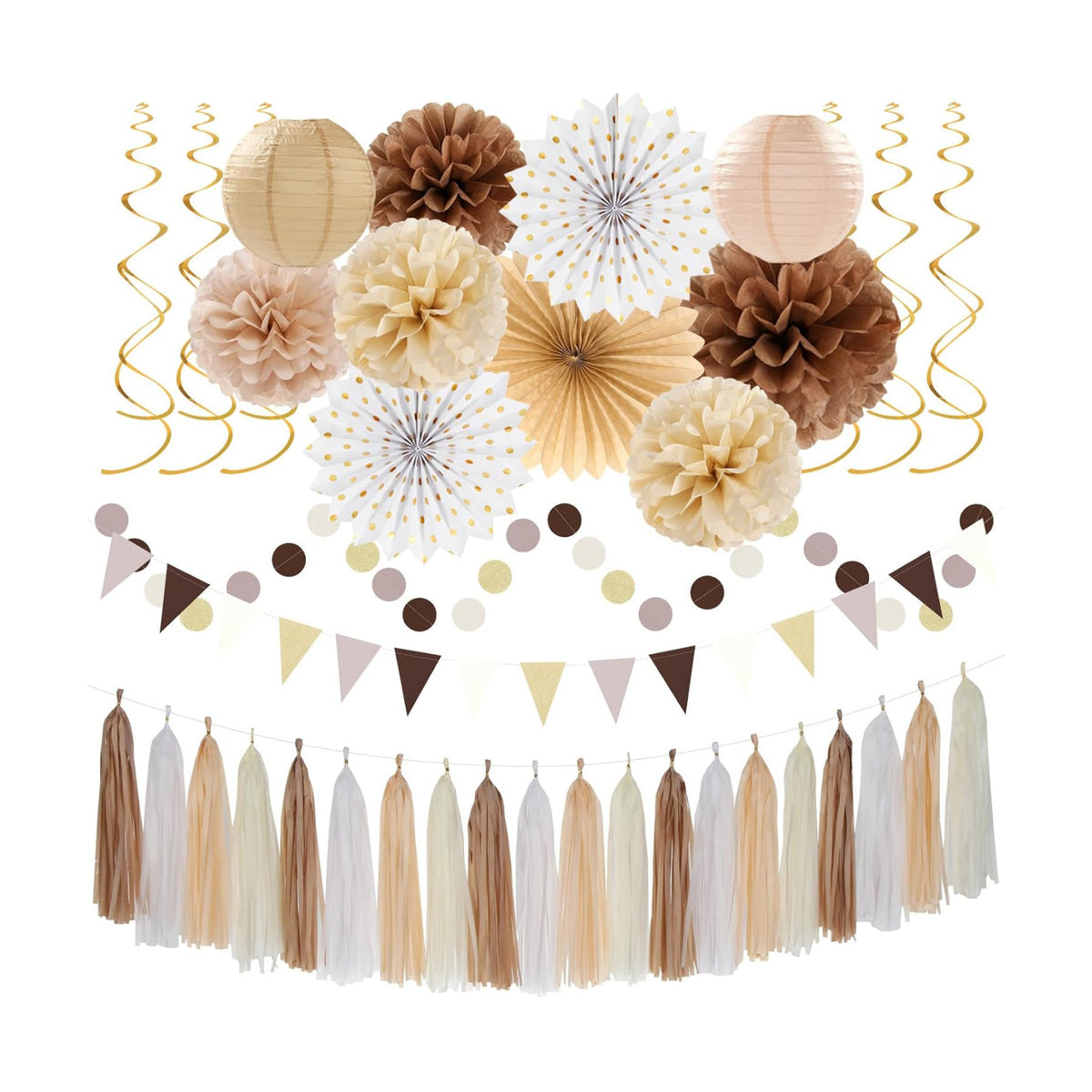 Boho Baby-Shower White-Brown Champagne Fall Party-Decorations - 33pcs Banner,Streamers Tassel Garland,Tissue Pom Poms Honeycomb,Paper Lantern Fan,Autumn,Bridal,Christmas,Birthday,Wedding Decor Hugtmr