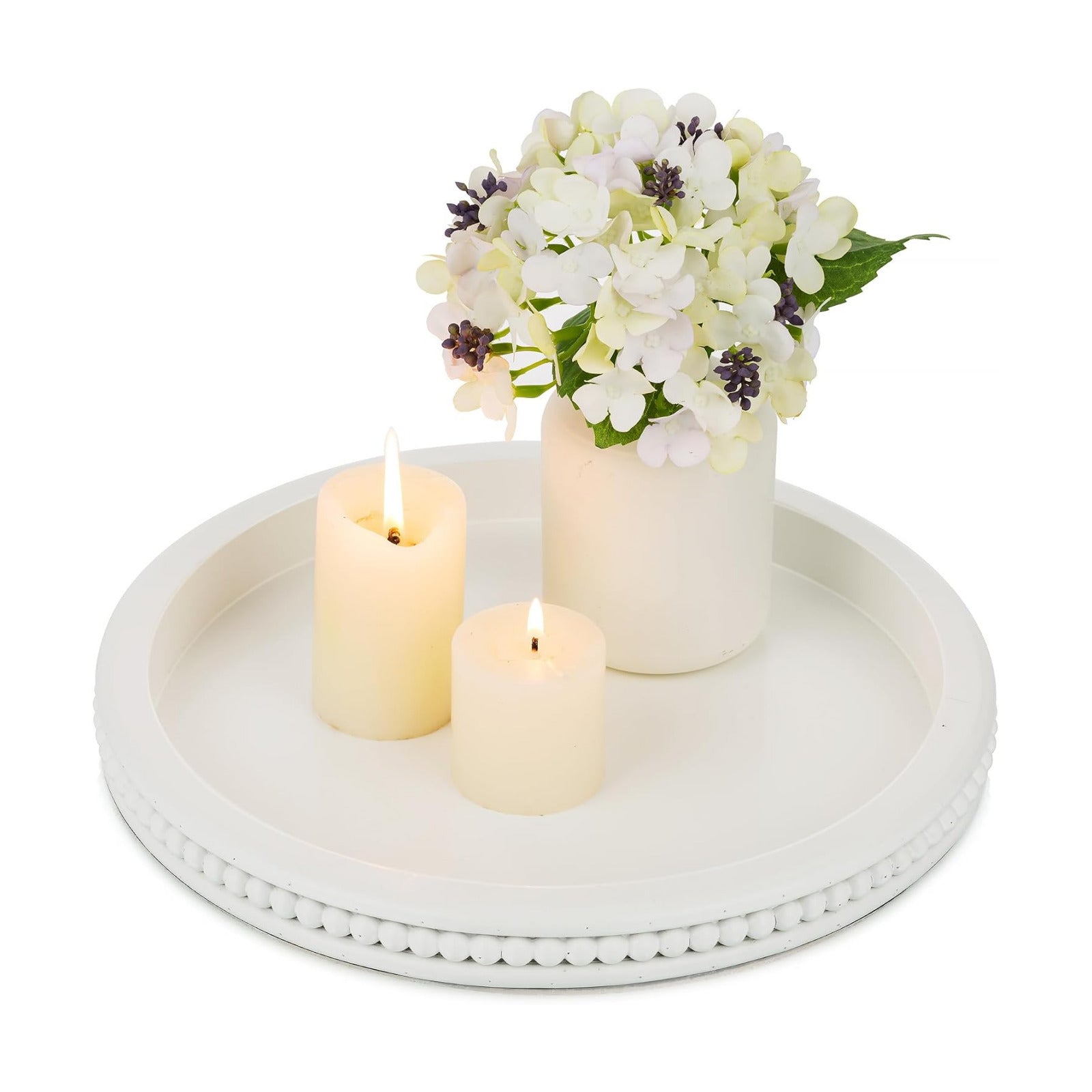 Beaded Round Serving Tray Modern Farmhouse Wooden Circle Centerpiece Tray / 11.8 / White