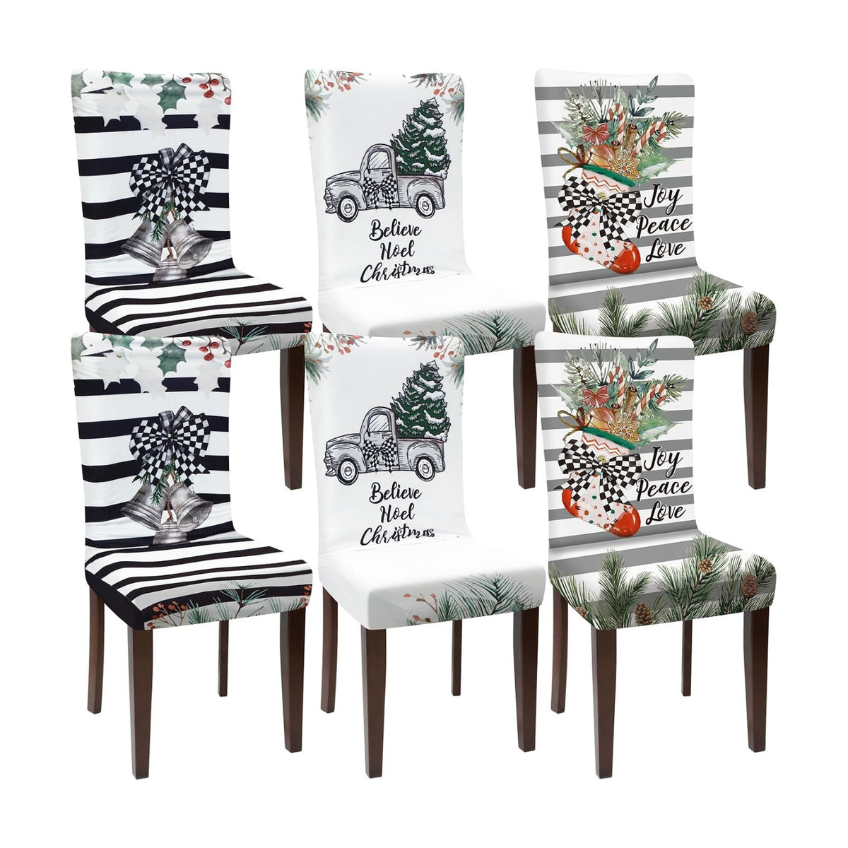 Preboun Christmas Chair Covers Set of 6 Christmas Dining Protector Xmas Tree Truck Bell Slipcovers Removable Washable for Dining Hotel Party Wedding