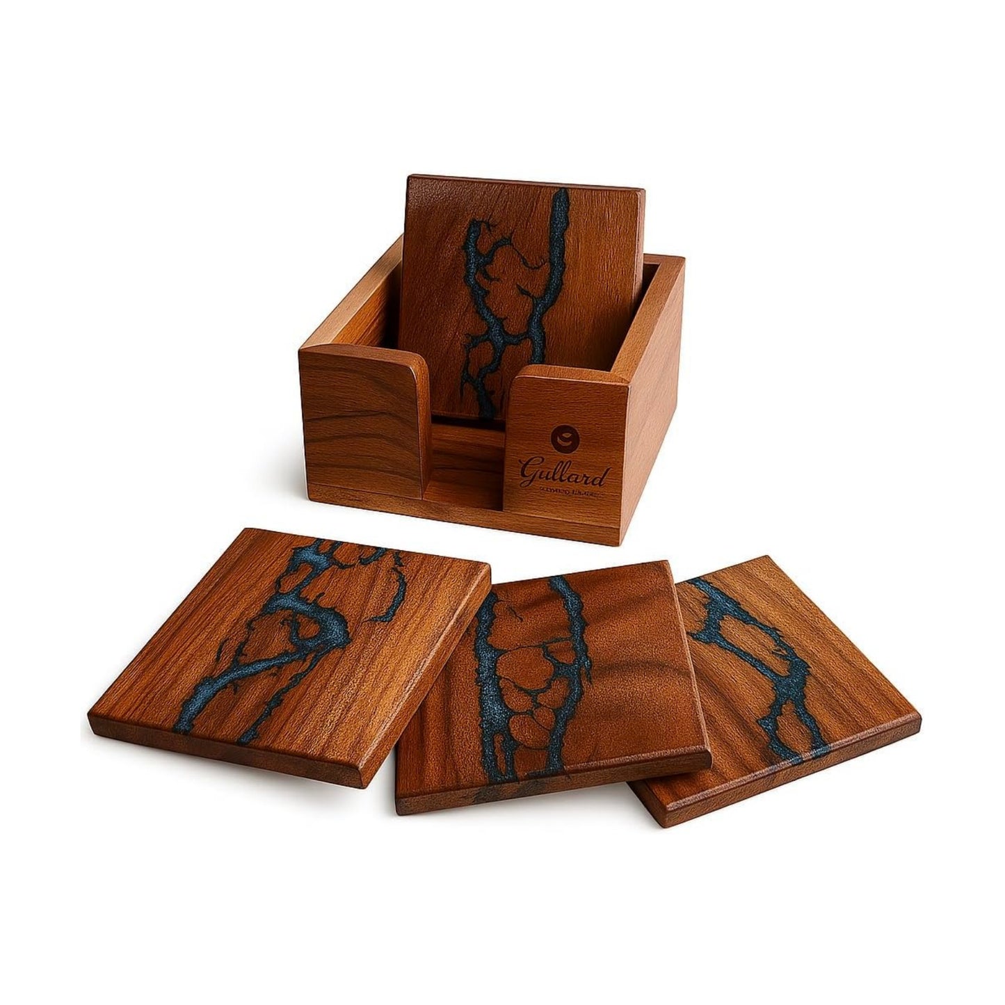Epoxy Resin and Wood Coaster Set / Fractal Burning Blue