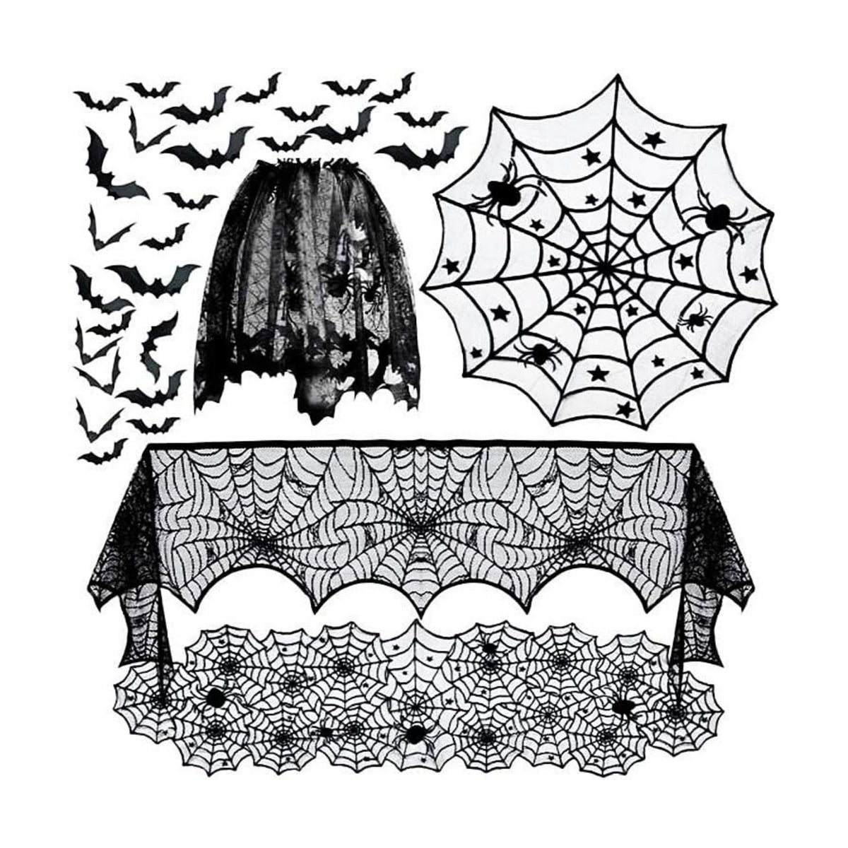 5 Pack Halloween Decorations Sets Spider Webs Tablecloth Fireplace Mantel Scarf Round Cobweb Table Cover Lampshade with 60pcs Scary 3D Bats for Halloween Party Supplies