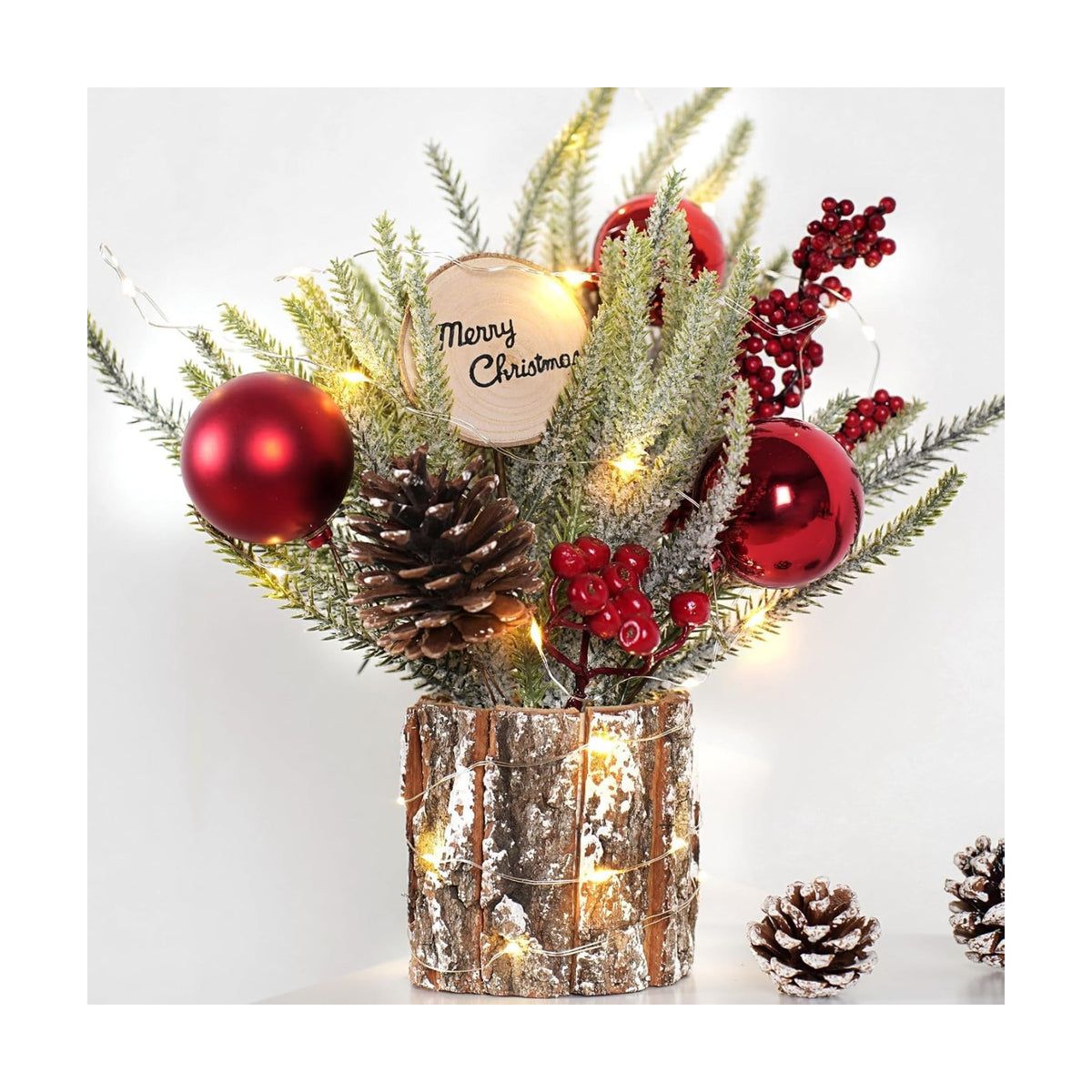 Small Table Top Christmas Tree with Lights, Mini Christmas Tree Decorations with Merry Christmas Pine Cones Berries Balls Ornaments for Home Party Office Centerpiece Indoor Decorations 12Inch, Red
