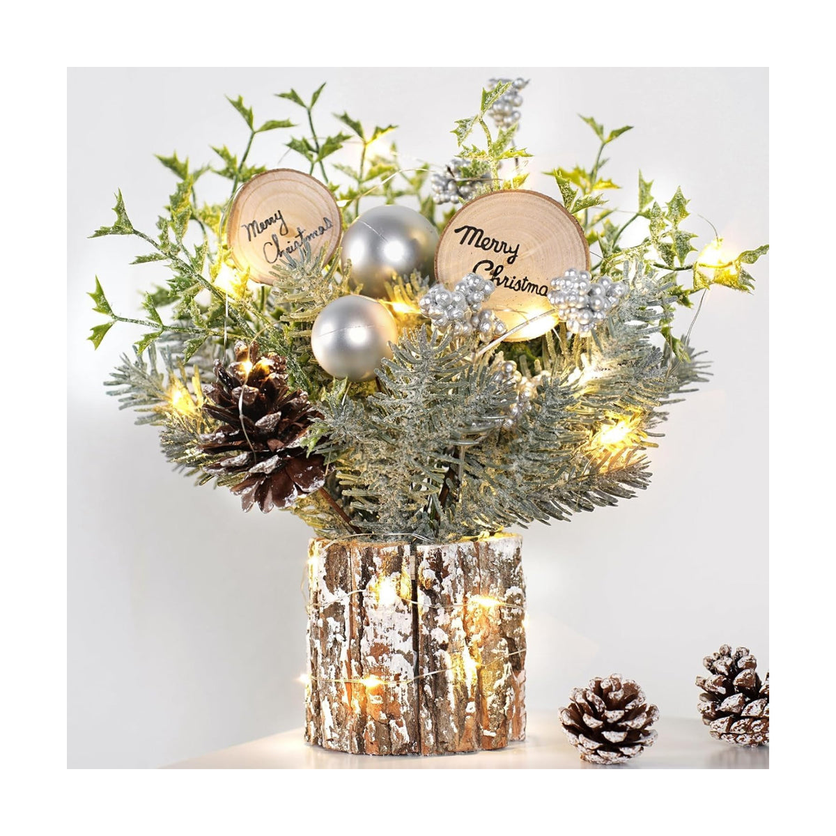 Small Table Top Christmas Tree with Lights, Mini Christmas Tree Decorations with Merry Christmas Pine Cones Berries Balls Ornaments for Home Party Office Centerpiece Indoor Decorations 12Inch, Silver