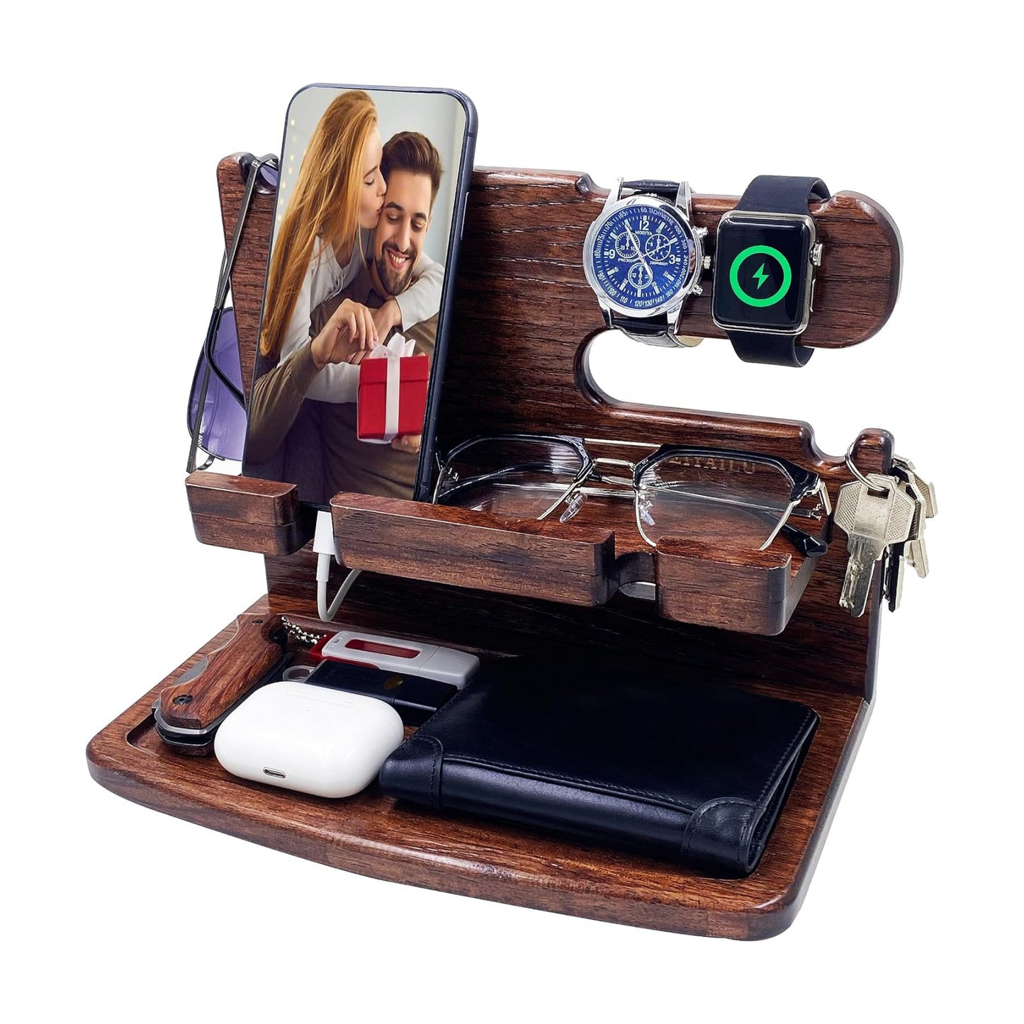 VEIYAILU Gifts for Men Women Dad Husband Boyfriend Wood Phone Docking Station Nightstand Organizer for Men Birthday