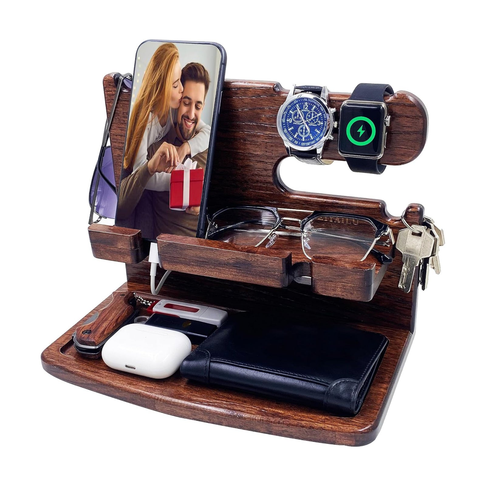 VEIYAILU Gifts for Men Women Dad Husband Boyfriend Wood Phone Docking Station Nightstand Organizer for Men Birthday