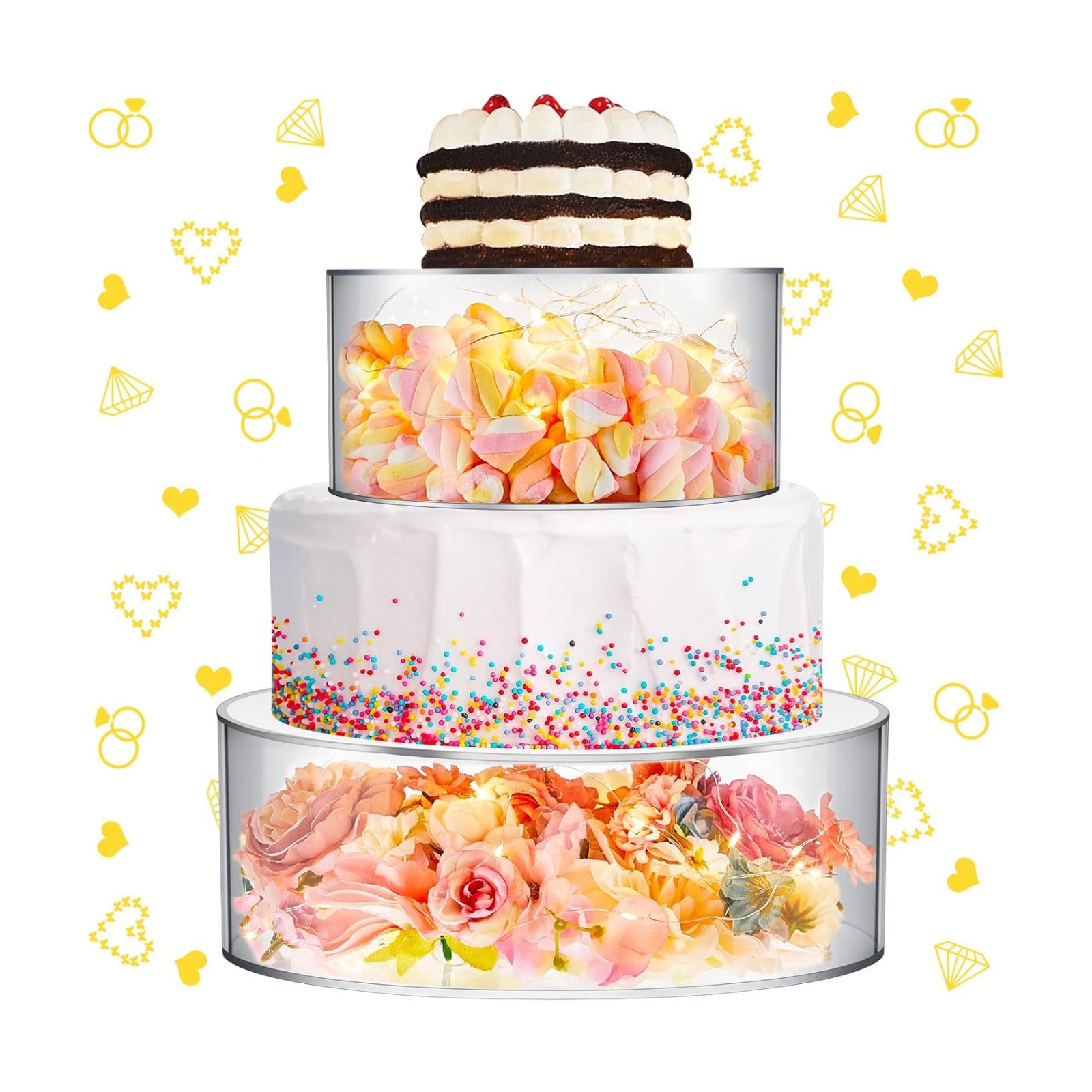 Sunnyray 2 Pcs Acrylic Cake Stands for Dessert Table Clear Fillable Cake Riser Cupcake Tier with LED Strings for