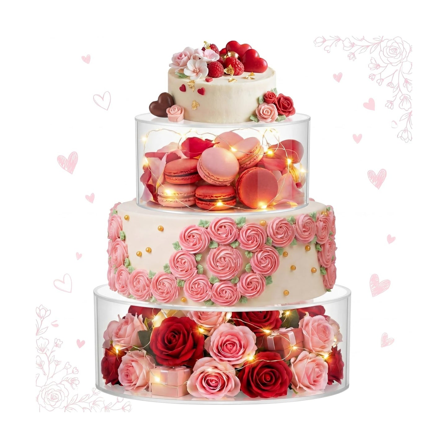 Sunnyray 2 Pcs Acrylic Cake Stands for Dessert Table Clear Fillable Cake Riser Cupcake Tier with LED Strings for
