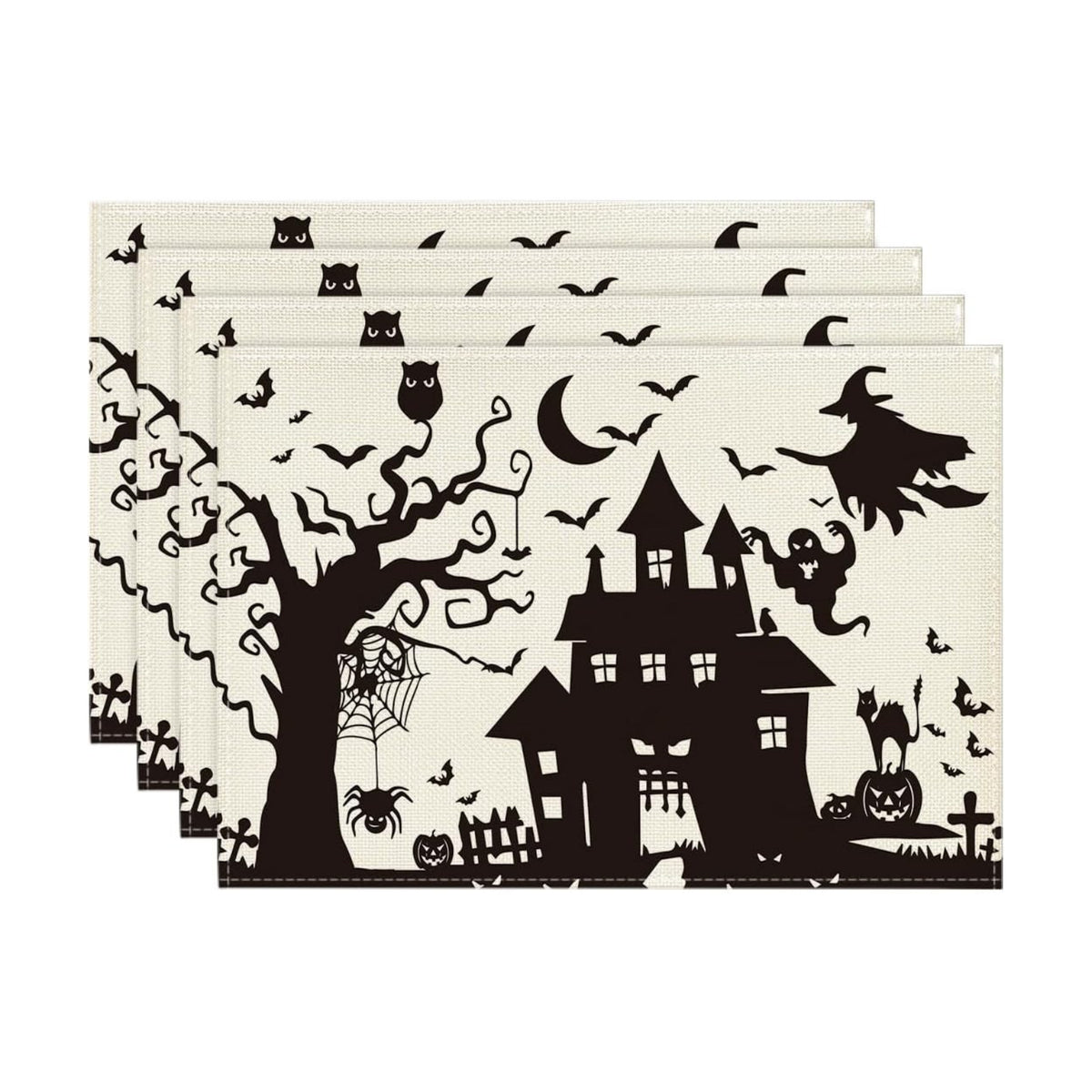Artoid Mode Black White Spooky Haunted House Tree Ghost Witch Halloween Placemats Set of 4, 12x18 Inch Seasonal Fall Holiday Table Mats for Party Kitchen Dining Decoration