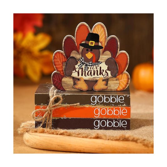Jetec 4 Pcs Wooden Turkey Decor, Vintage Thanksgiving Table Decor