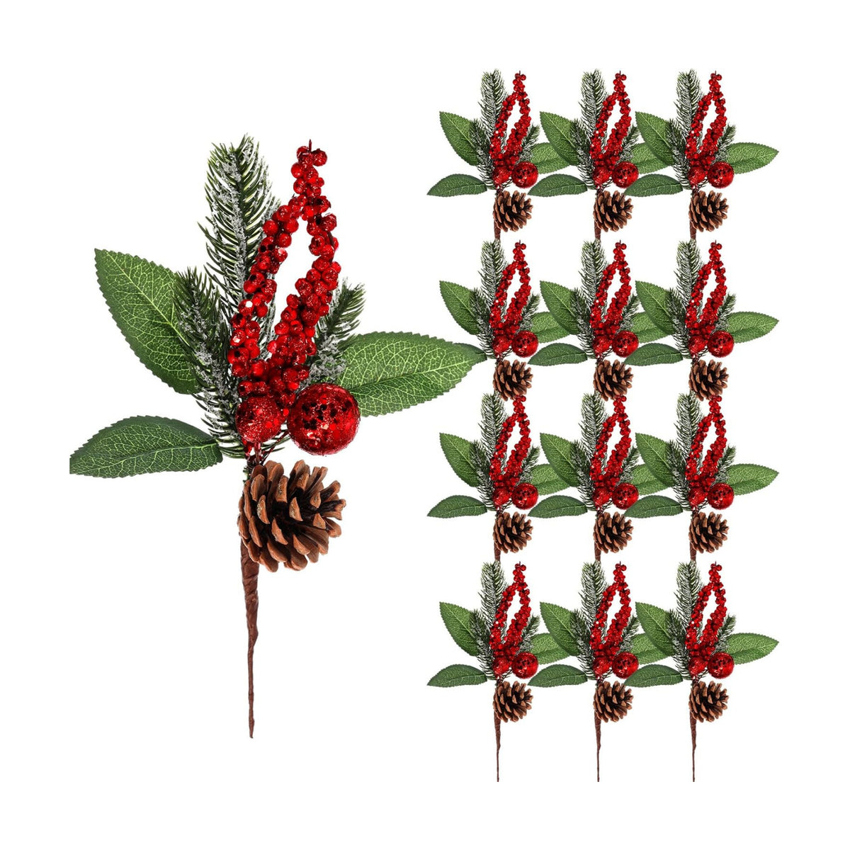 Boao 12 Pcs Christmas Berry Pine Picks, 11 Inch, Glitter Sequins Style