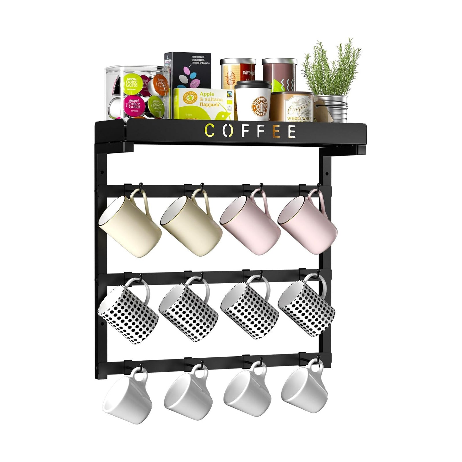 RCHYFEED Coffee Mug Holder Wall Mounted,Metal Mug Rack with 12 Movable Hook | Coffee Cup Holder with Large Storage