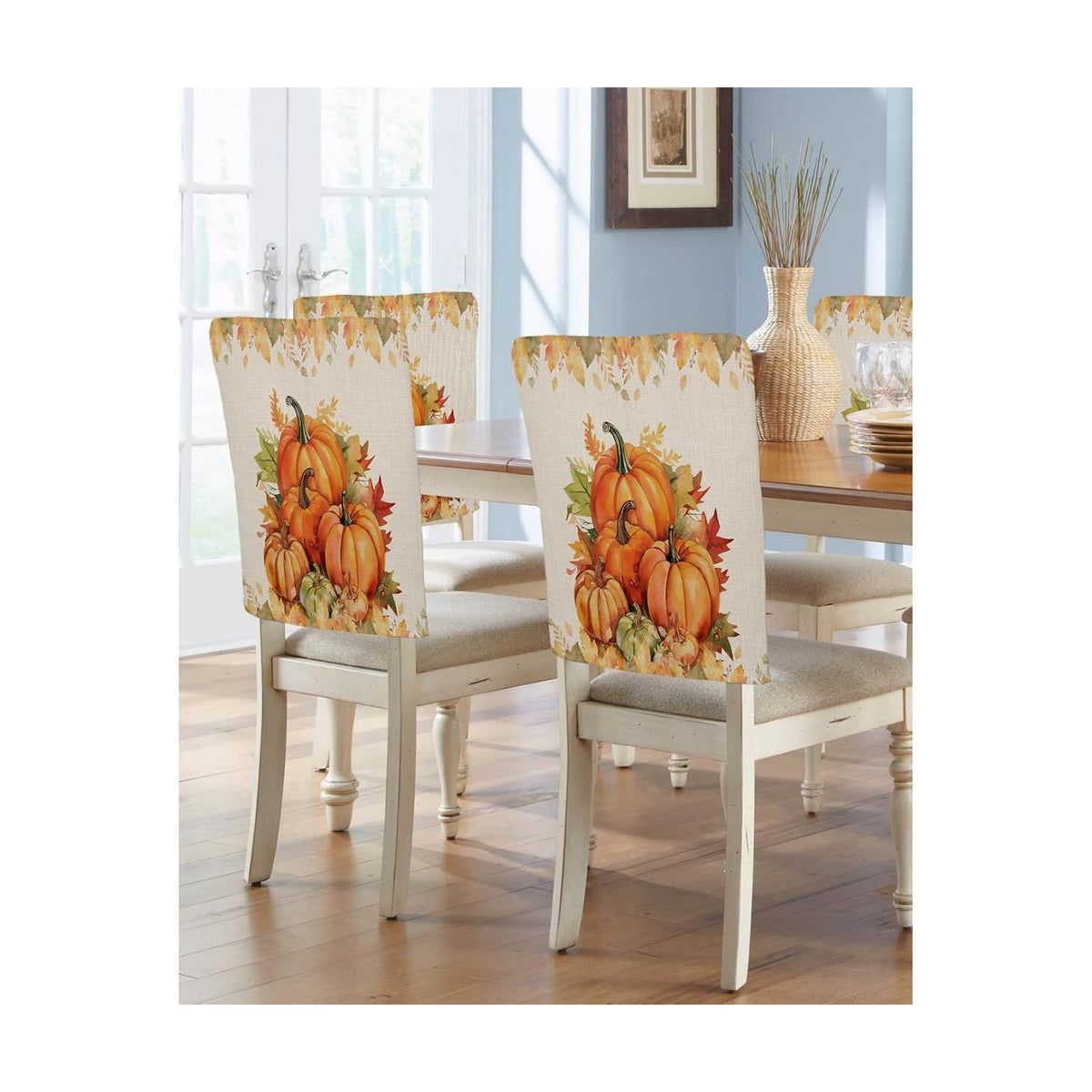 Orange Pumpkins Fall Chair Covers Set of 6 for Dining Room, Thanksgiving Maple Leaf Chair Back Cover, Autumn Botanical Removable Kitchen Chair Slipcovers Seat Protector for Party Banquet Decorations