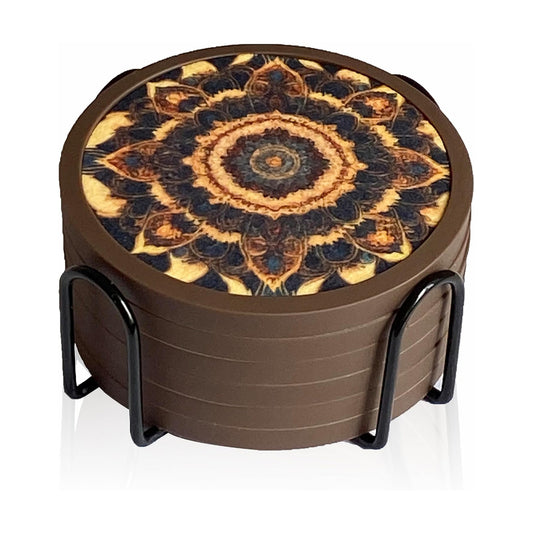 Holder / 4.3 Inch Coasters with 4.5 Inch Holder / Dual-sided Mandala-themed Patterns / 4.3 Inch