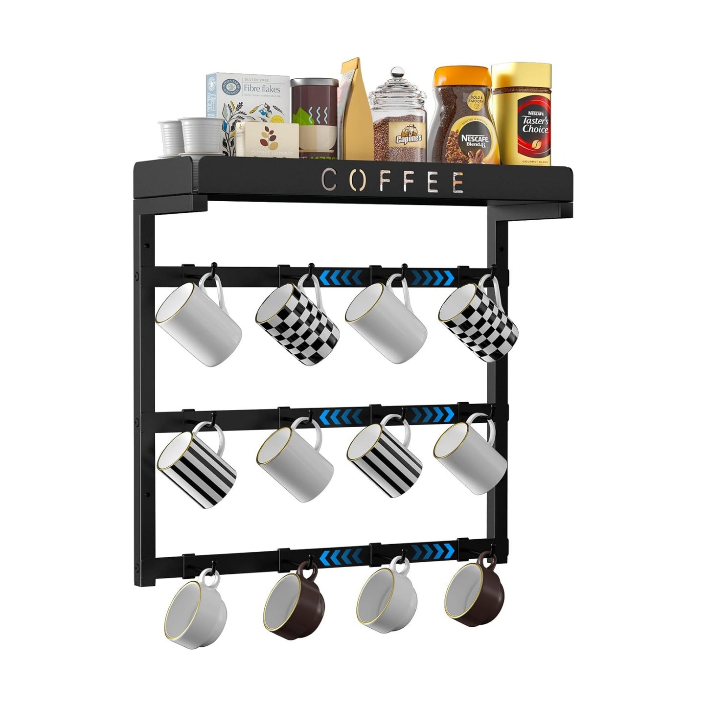Coffee Mug Holder Wall Mounted with 12 Movable Hooks | Sturdy Metal Coffee Cup Holder with Large Top Shelf for Mug