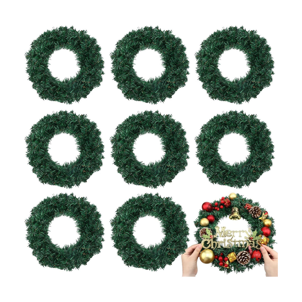 8 Pcs Christmas DIY Green Artificial Wreaths Bulk, 14 Inch, Classic